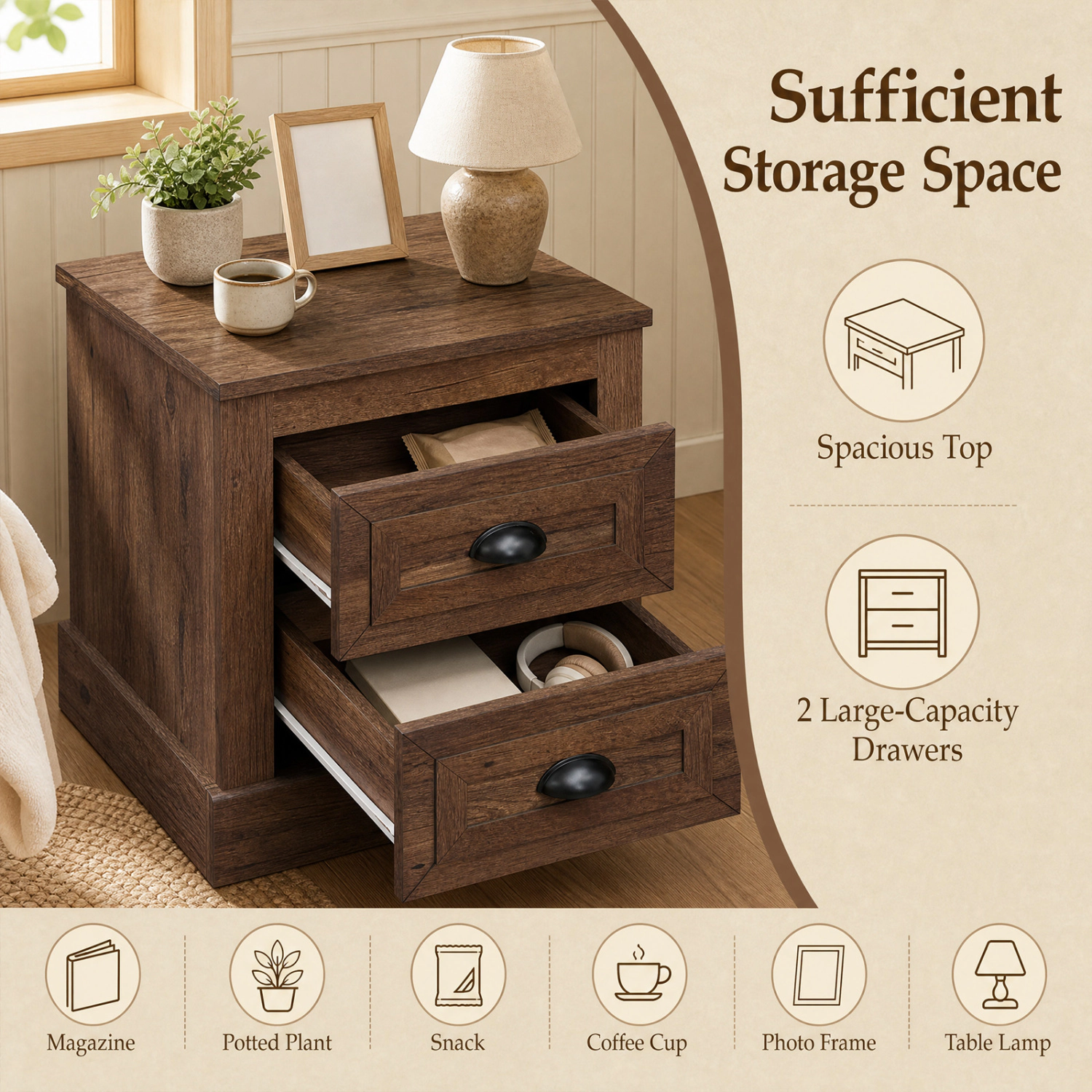 LJG Set of 2 Farmhouse Nightstand with 2 Drawers & Storage for Living Room Bedroom