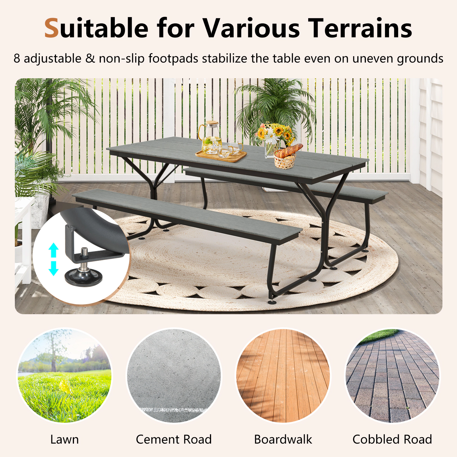 SUGIFT 6 ft Outdoor Picnic Table Bench Set Gray HDPE for 6-8 People with Metal Frame