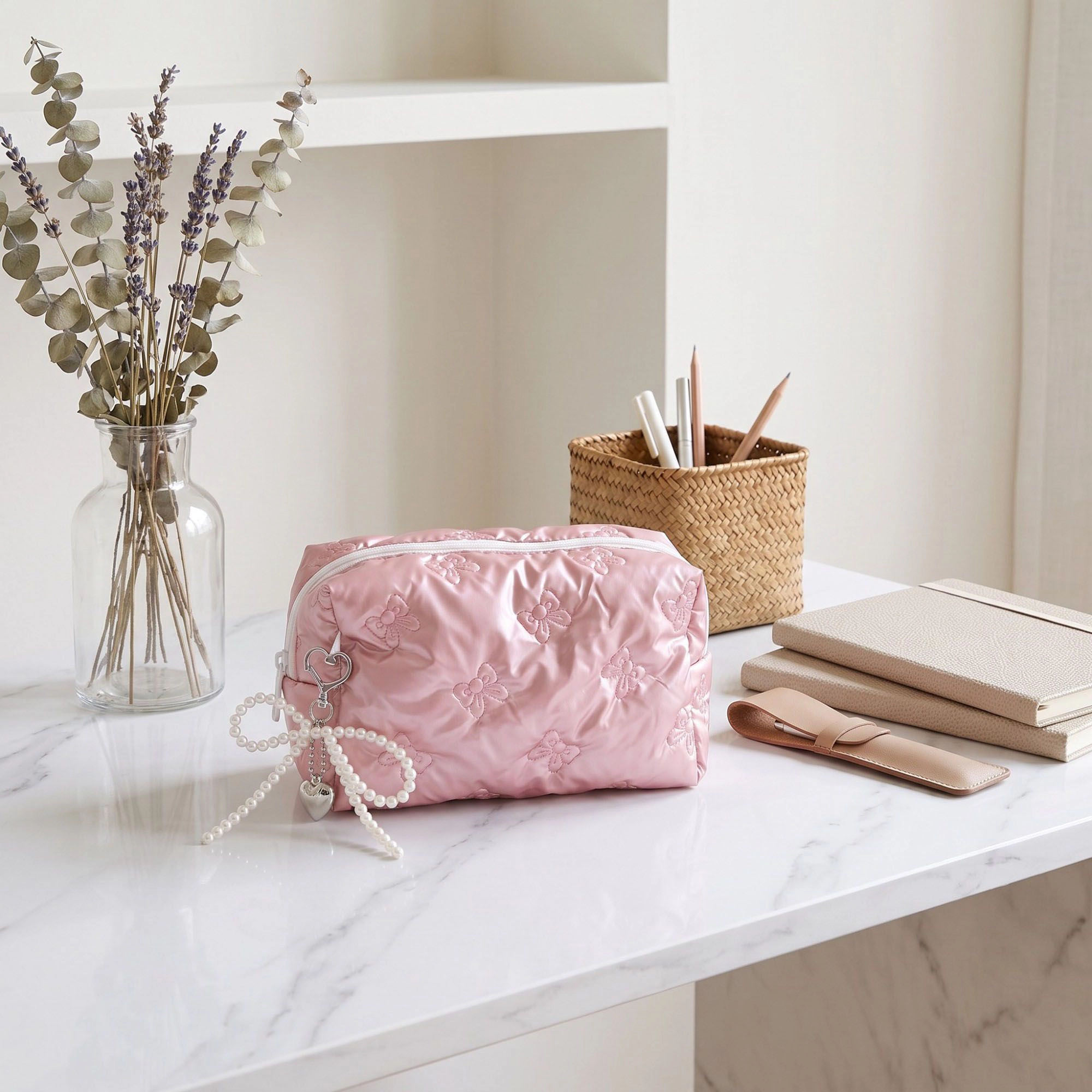 Alilang Unisex Quilted Bow Makeup Bag with Pearl Charm Cosmetic Pouch