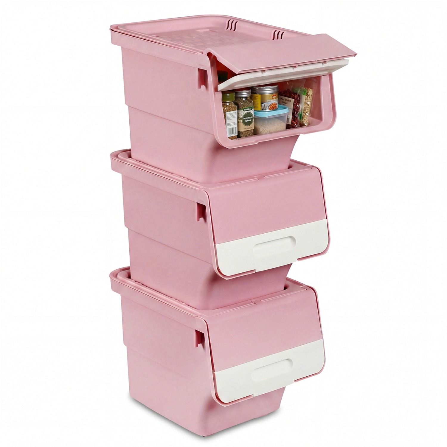SUGIFT 3-Pack Pink 12.5-qt Stackable Storage Bins with Lids Wheels and Front Opening for Closet Organizer