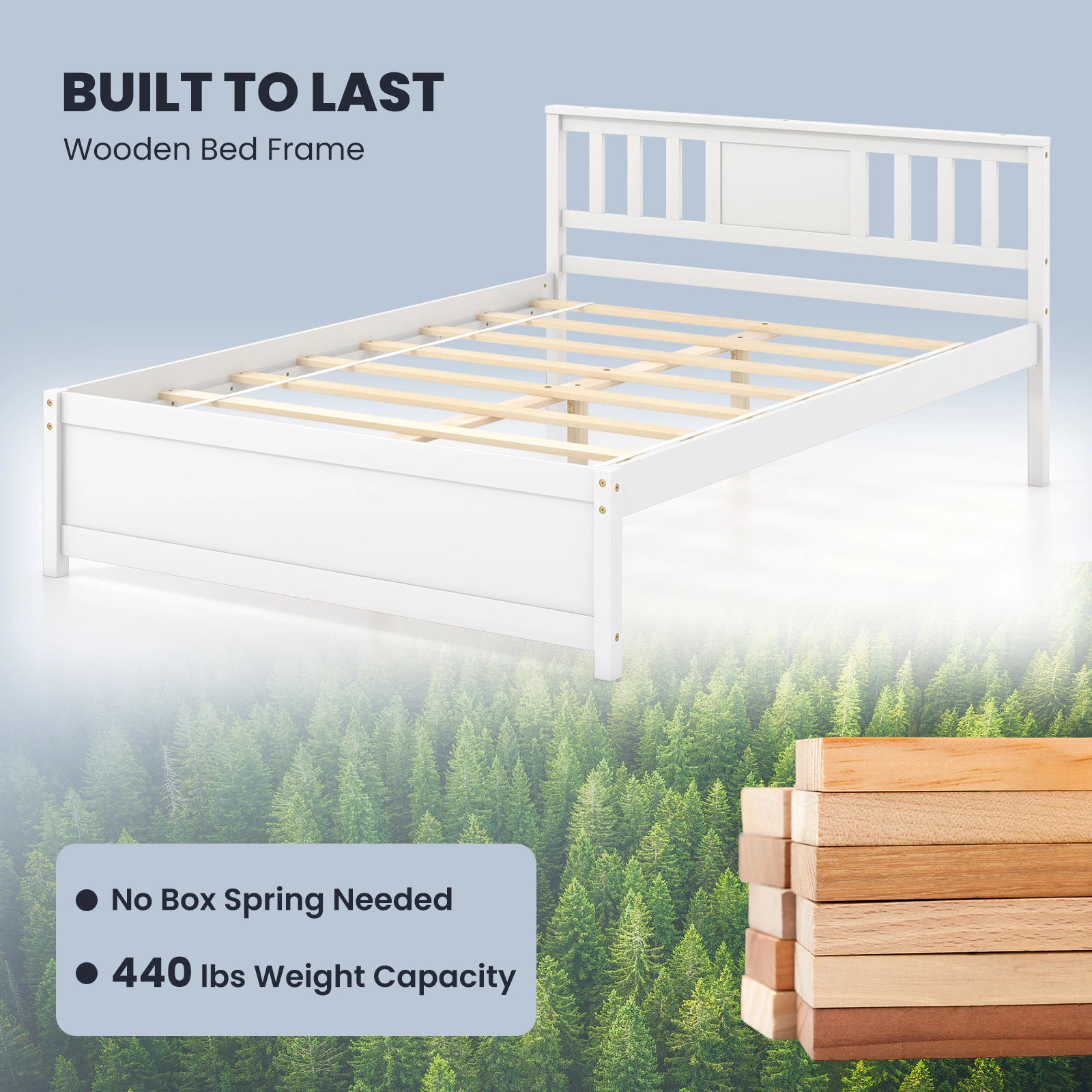 SUGIFT White Slat Headboard and Wood Slat Support Full Size Wooden Platform Bed