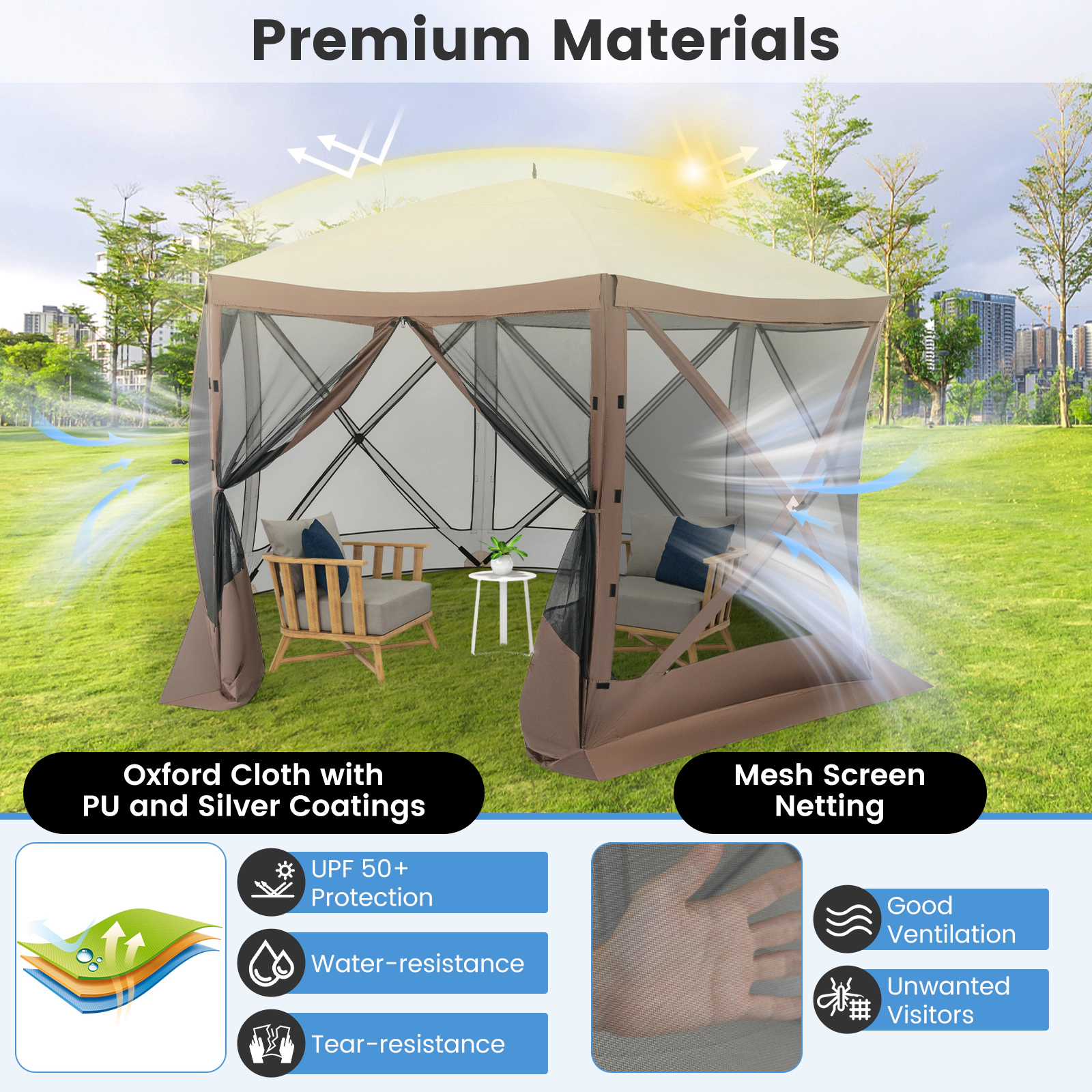 SUGIFT Pop-up Gazebo Coffee 6-Sided Screen House Hub Tent with Mesh Netting Walls