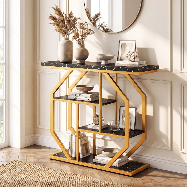 Hivvago Modern Sofa Table Behind Couch 4-Tier Console Table With Faux Marble Tabletop