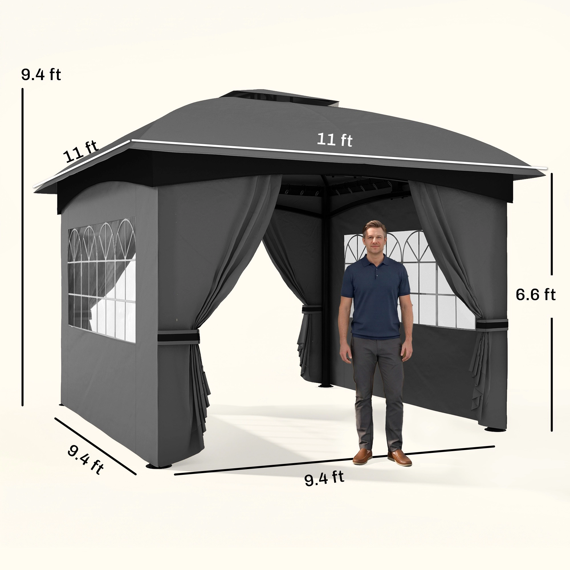 HONGGE 11' Outdoor Gazebo Double Roof Patio with Curtains Church Windows Galvanized Steel Frame Gray