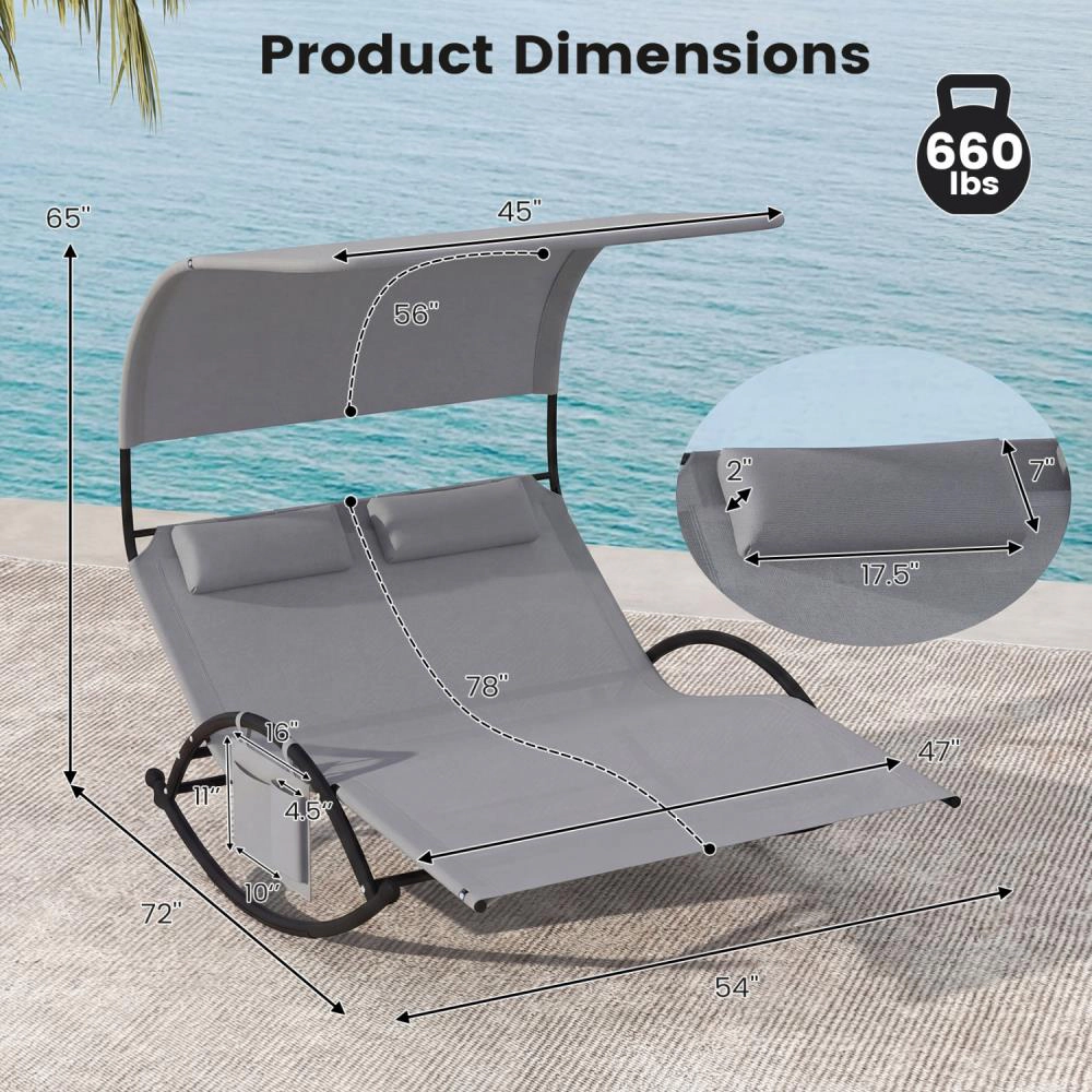 Hivvago Outdoor Dual Rocker Sunbed 2-Person Canopied Patio Lounger With Detachable Headrests