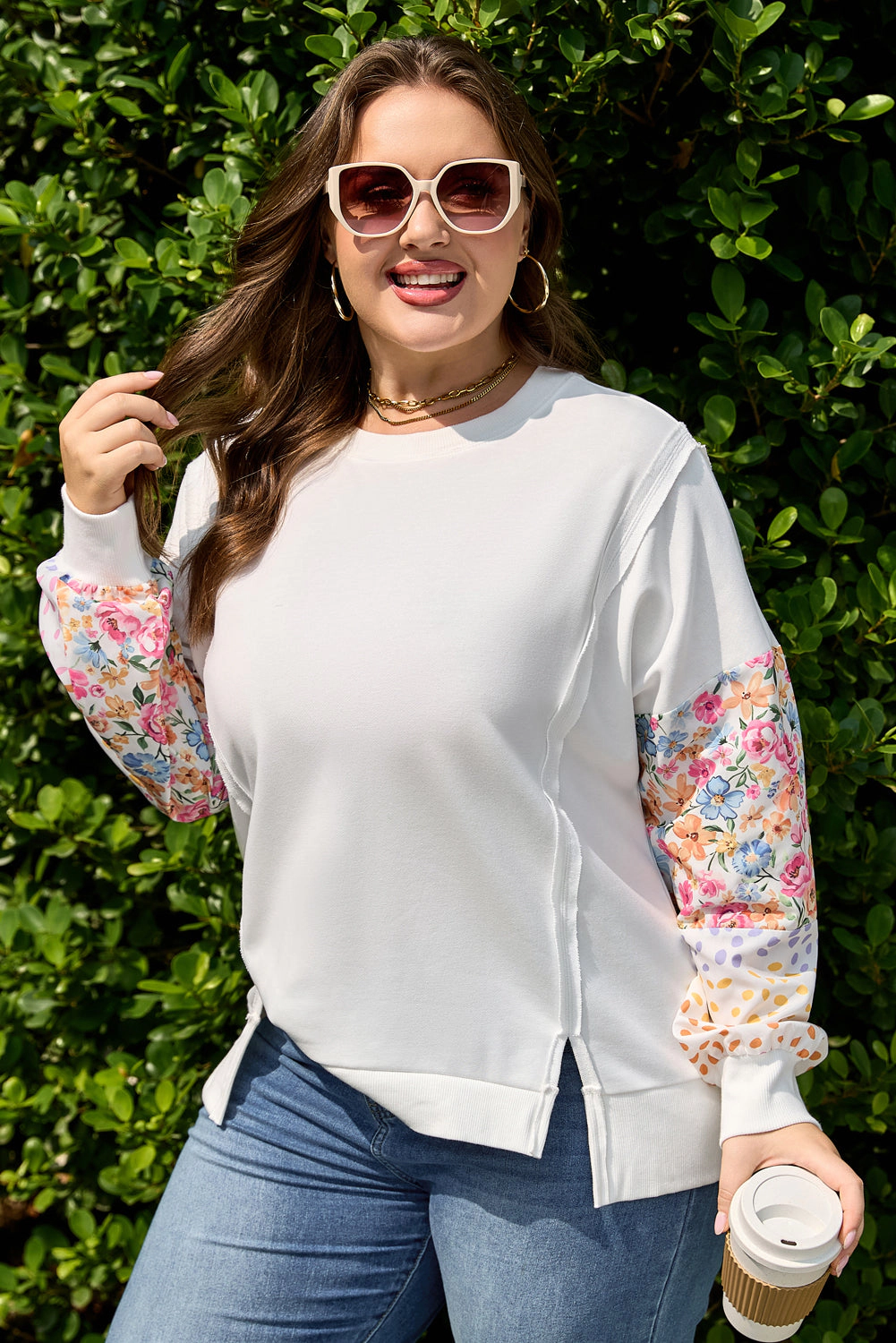 Threaded Pear Women's Amelia Floral Patchwork Sleeve Plus Sweatshirt
