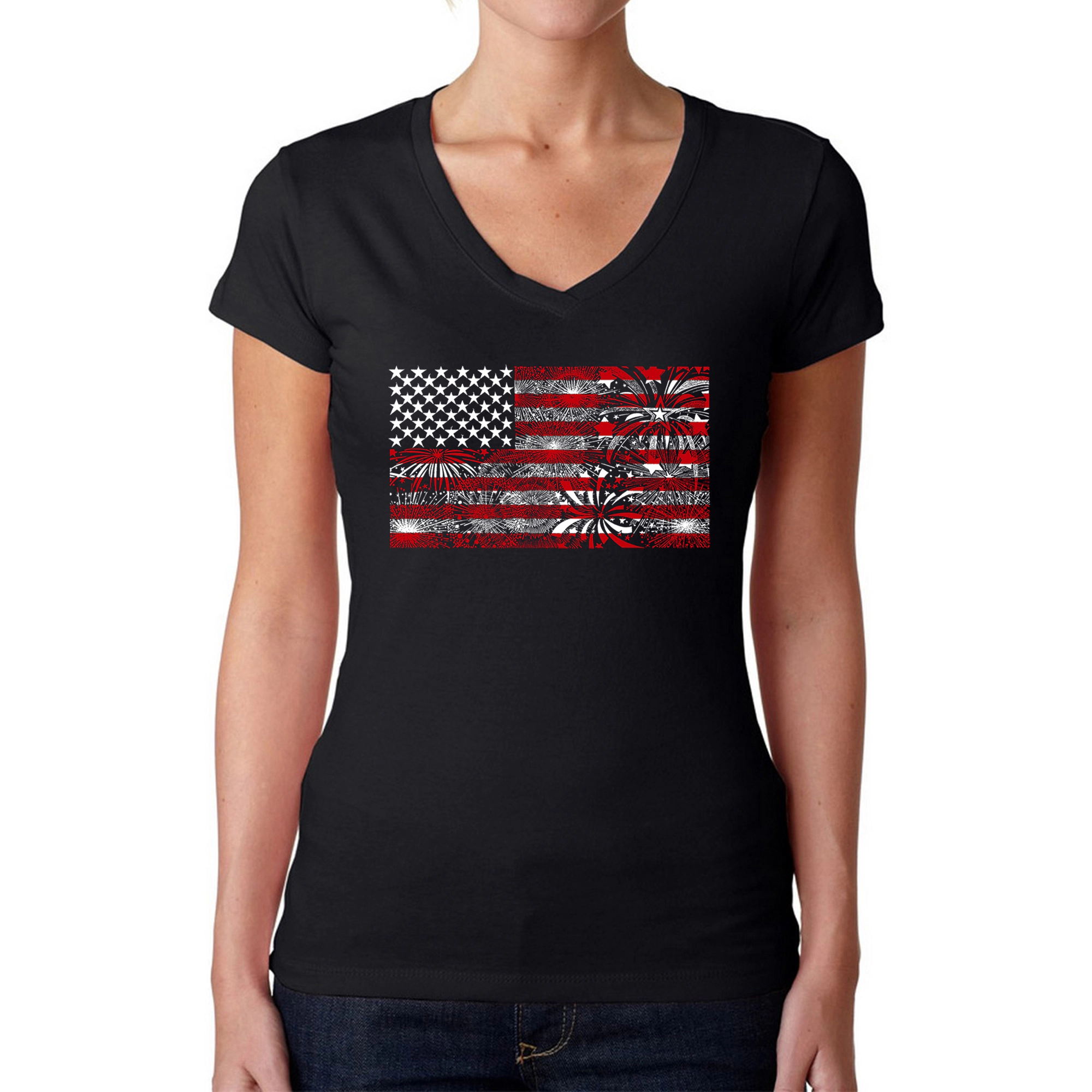 LA Pop Art Womens Word V-Neck T-Shirt - Fireworks American Flag
