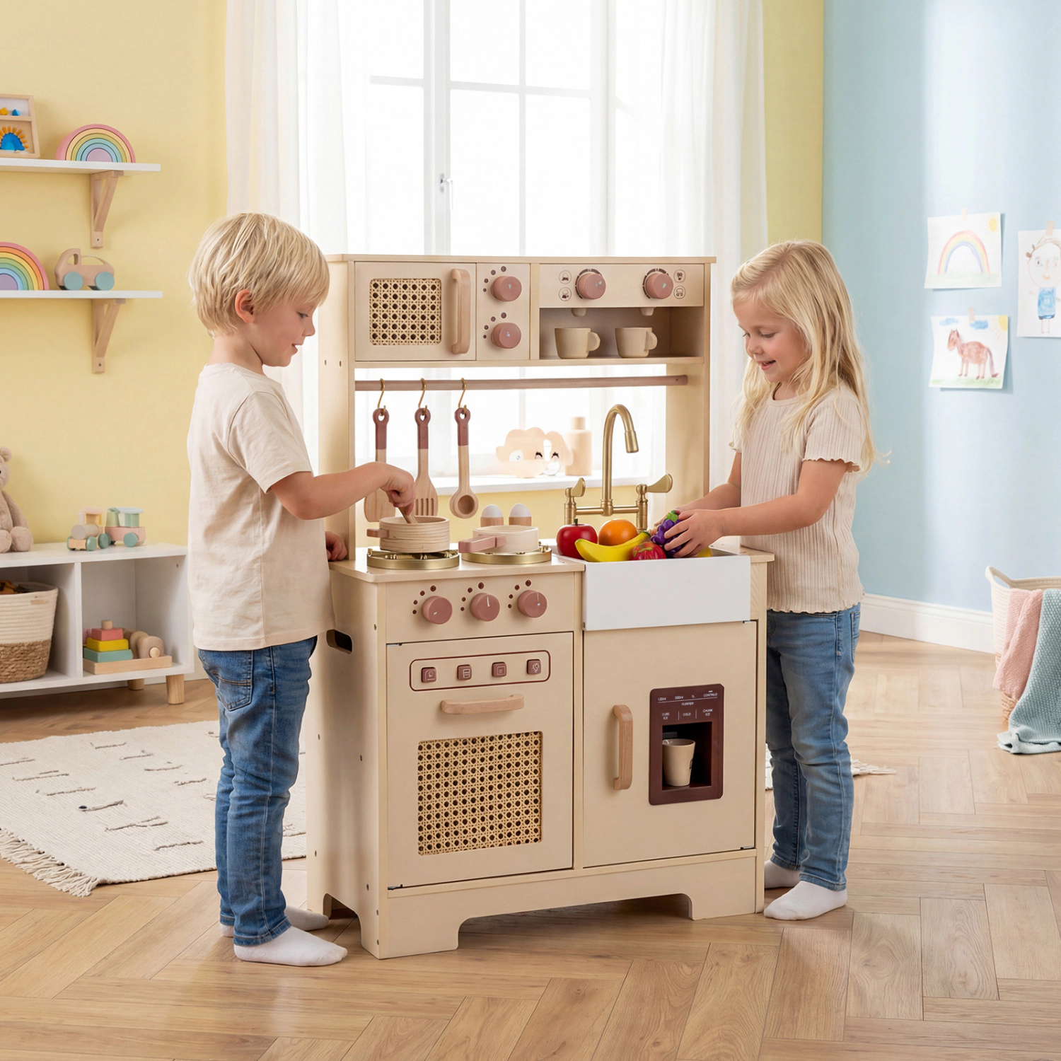 LJG Chef Pretend Play Kitchen for Kids with Realistic Lights and Sounds