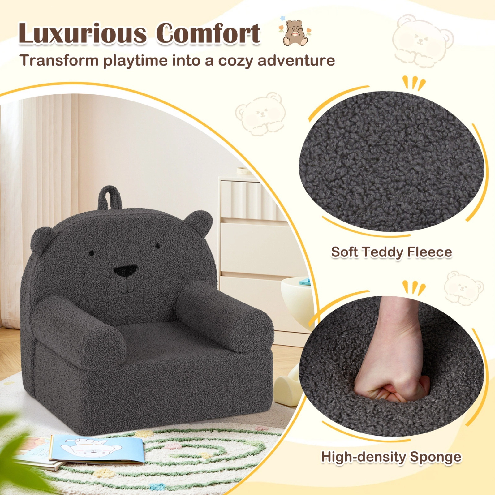 SUGIFT Gray Toddler Foam Chair, Teddy Fleece Cover, Carry Handle