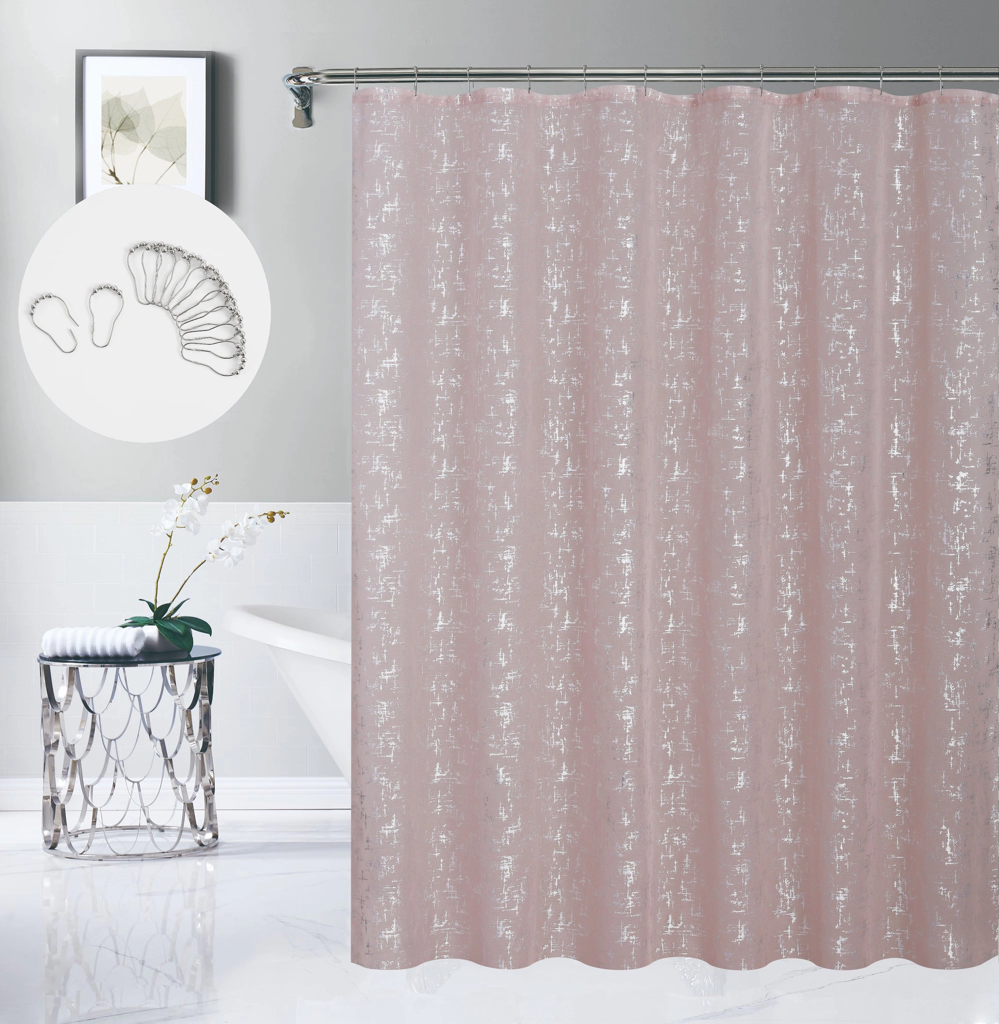 Dainty Home Lindey Linen Textured Metallic Fabric Shower Curtain with 12 Matching Hooks 70" x 72"