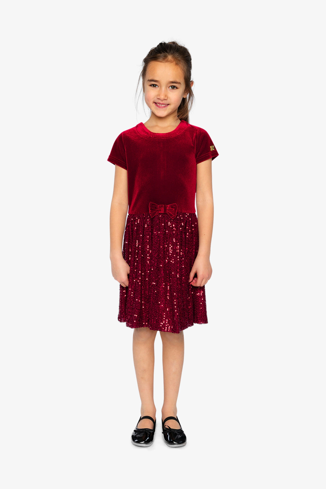Deux par Deux Girls Bi-Material Short Sleeve Dress with Glittering Skirt