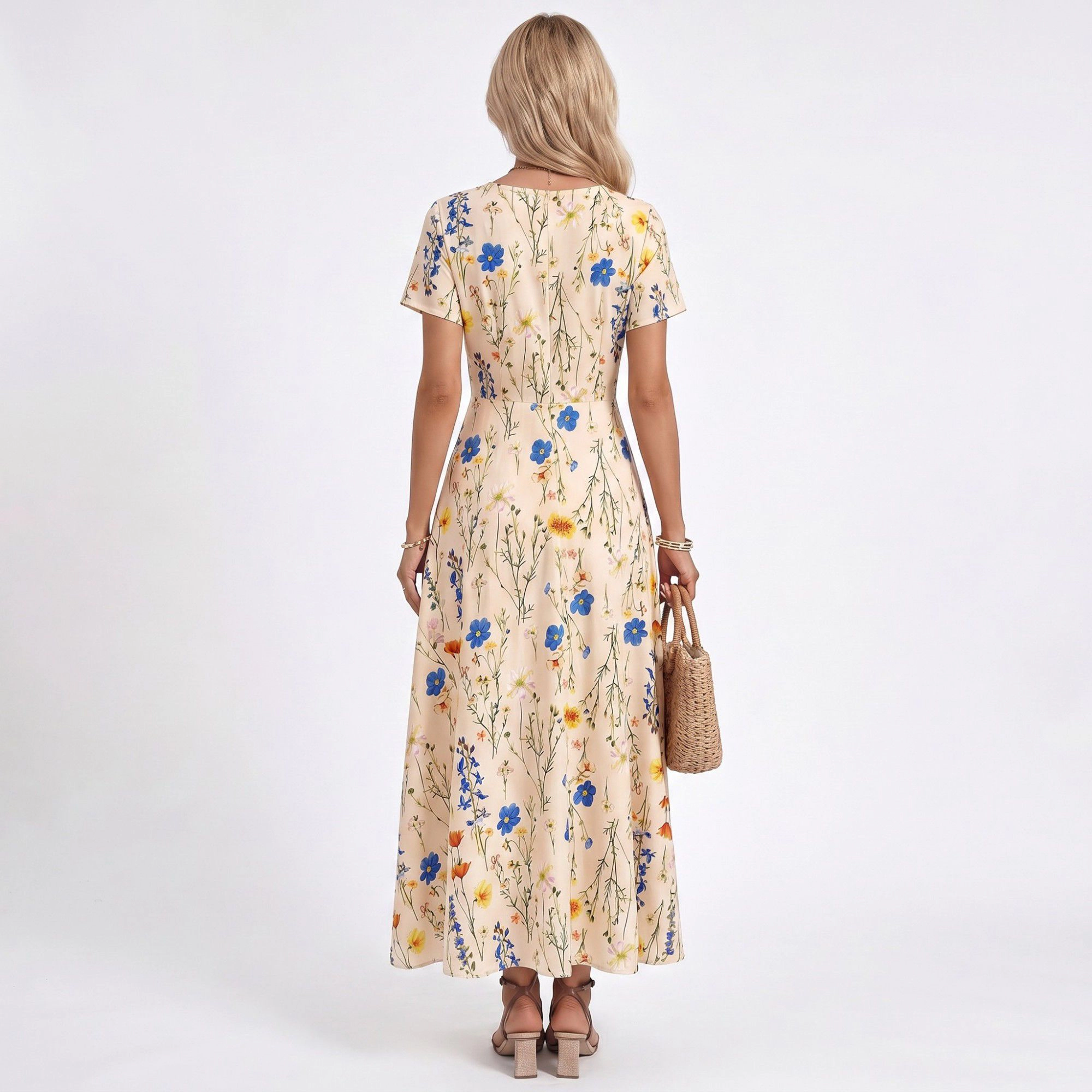 Anna-Kaci Women's Floral Square Neck Short Sleeve A-Line Button Front Maxi Dress