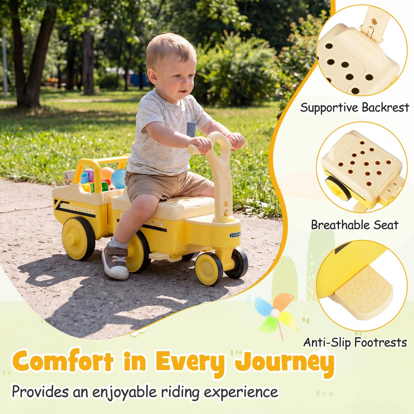 4-in-1 Kids Ride on Push Car Detachable Trailer 10 Songs Under Seat Storage Backrest Ages 1.5-5 45-lb Seat Load