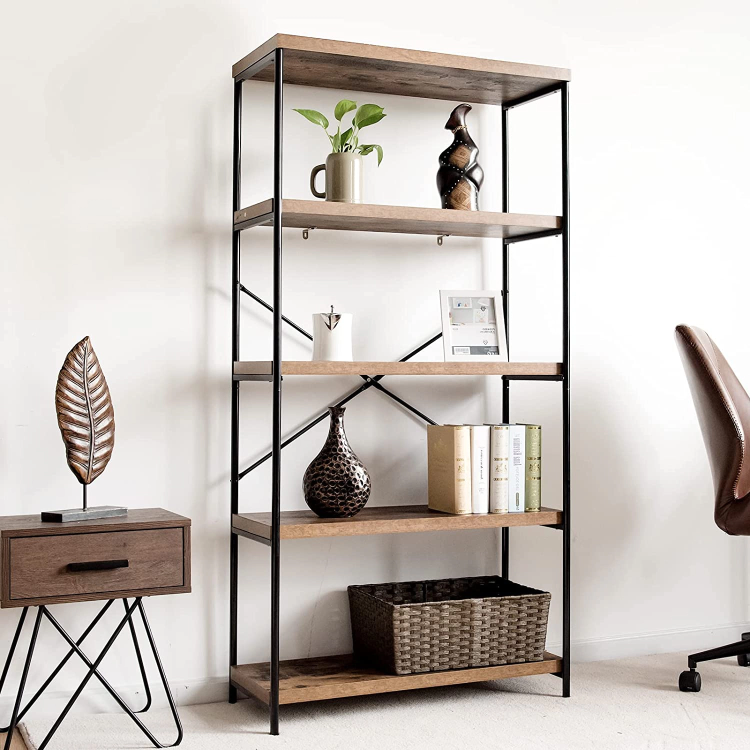 SUGIFT 5-Tier Industrial Bookshelf 63.5 with Back X-Brace Steel Frame