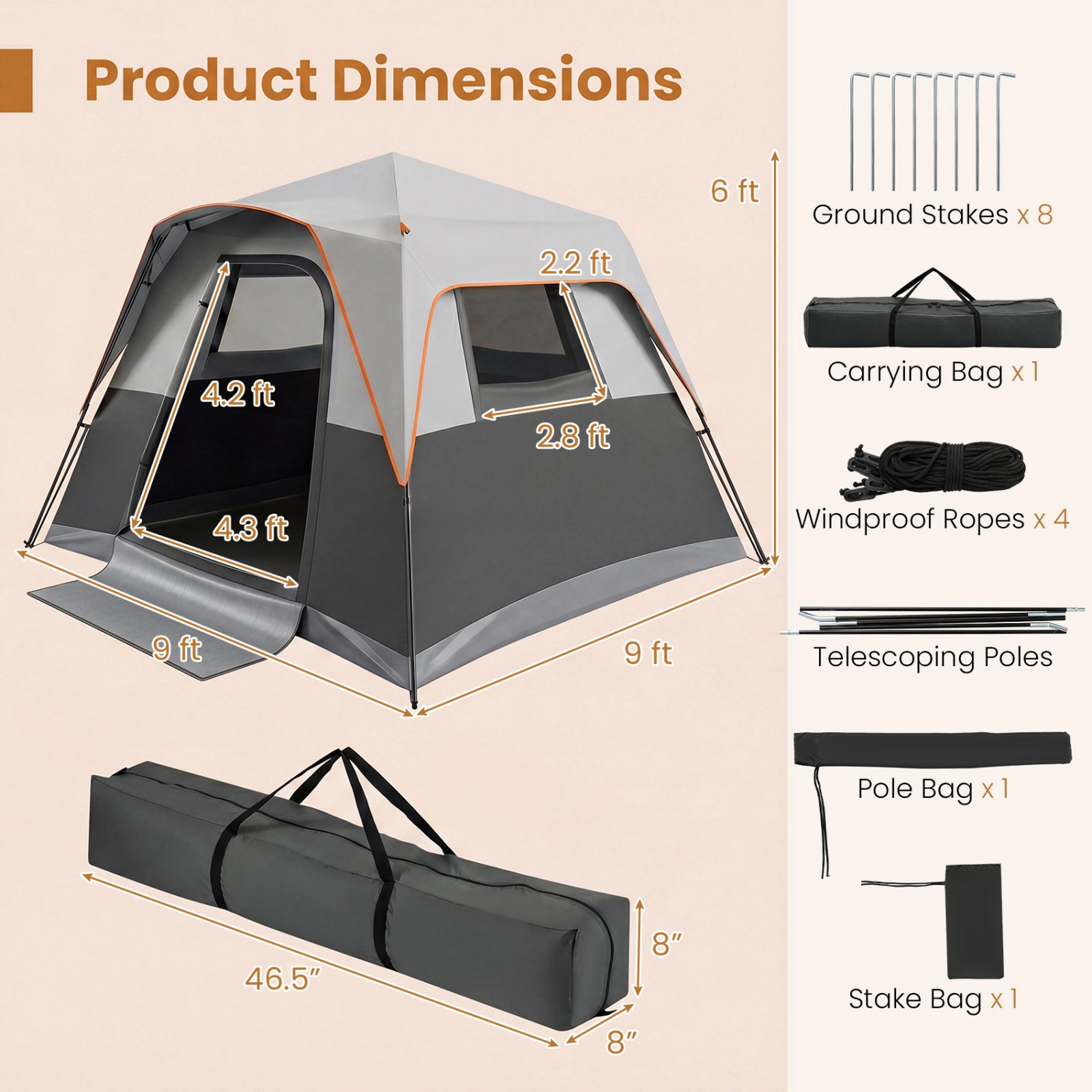 SUGIFT Blackout Easy Setup 6-Person Instant Cabin Camping Tent with Rainfly and Carrying Bag Orange/Gray