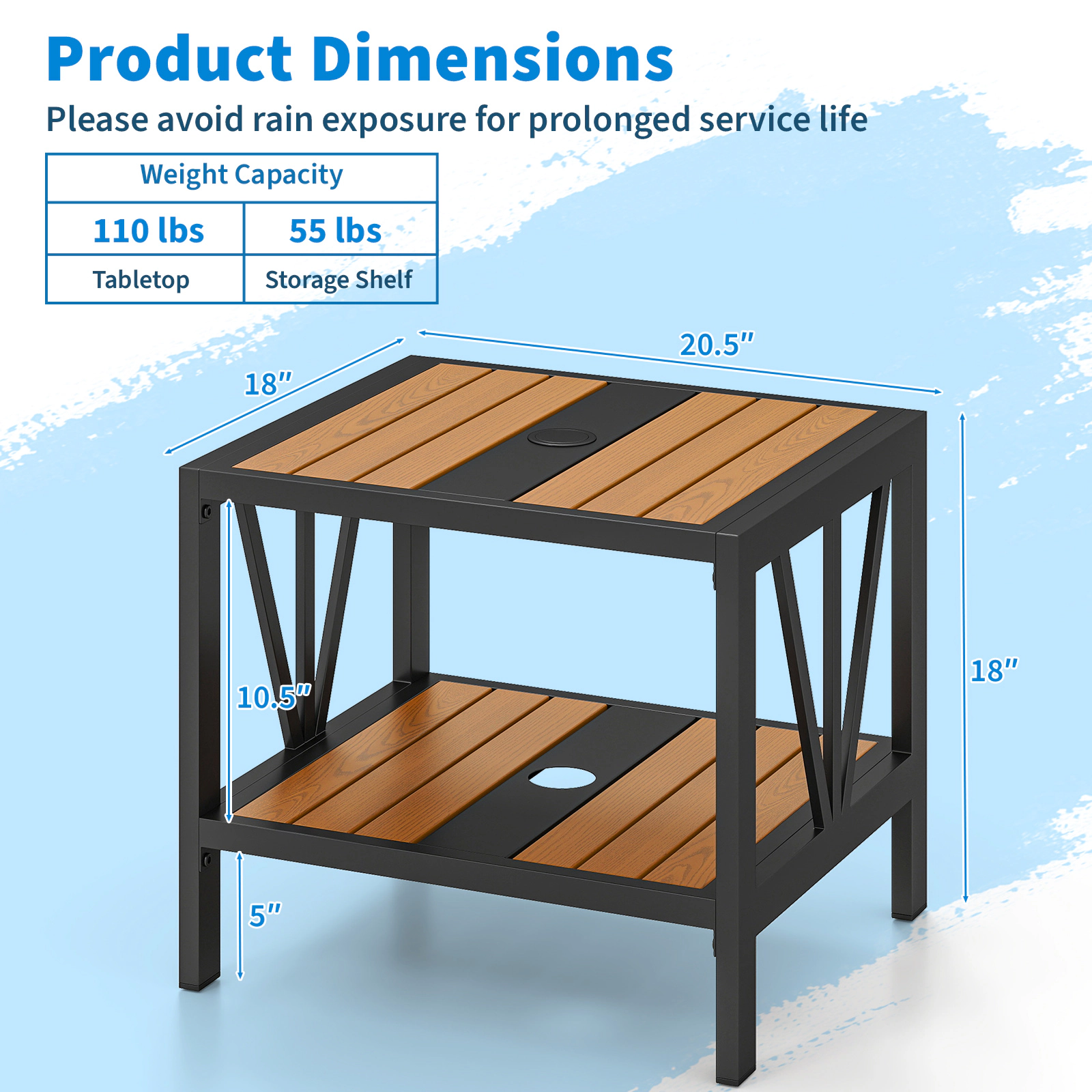 SUGIFT Outdoor Metal Side Table with Storage Shelf and Umbrella Hole 110-lb Tabletop Capacity Black and Natural