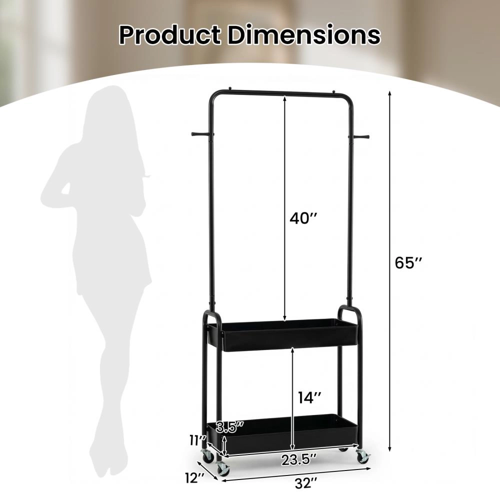 Hivvago Heavy-Duty Laundry Cart With Hanging Rod And 2 Storage Baskets For Bedroom