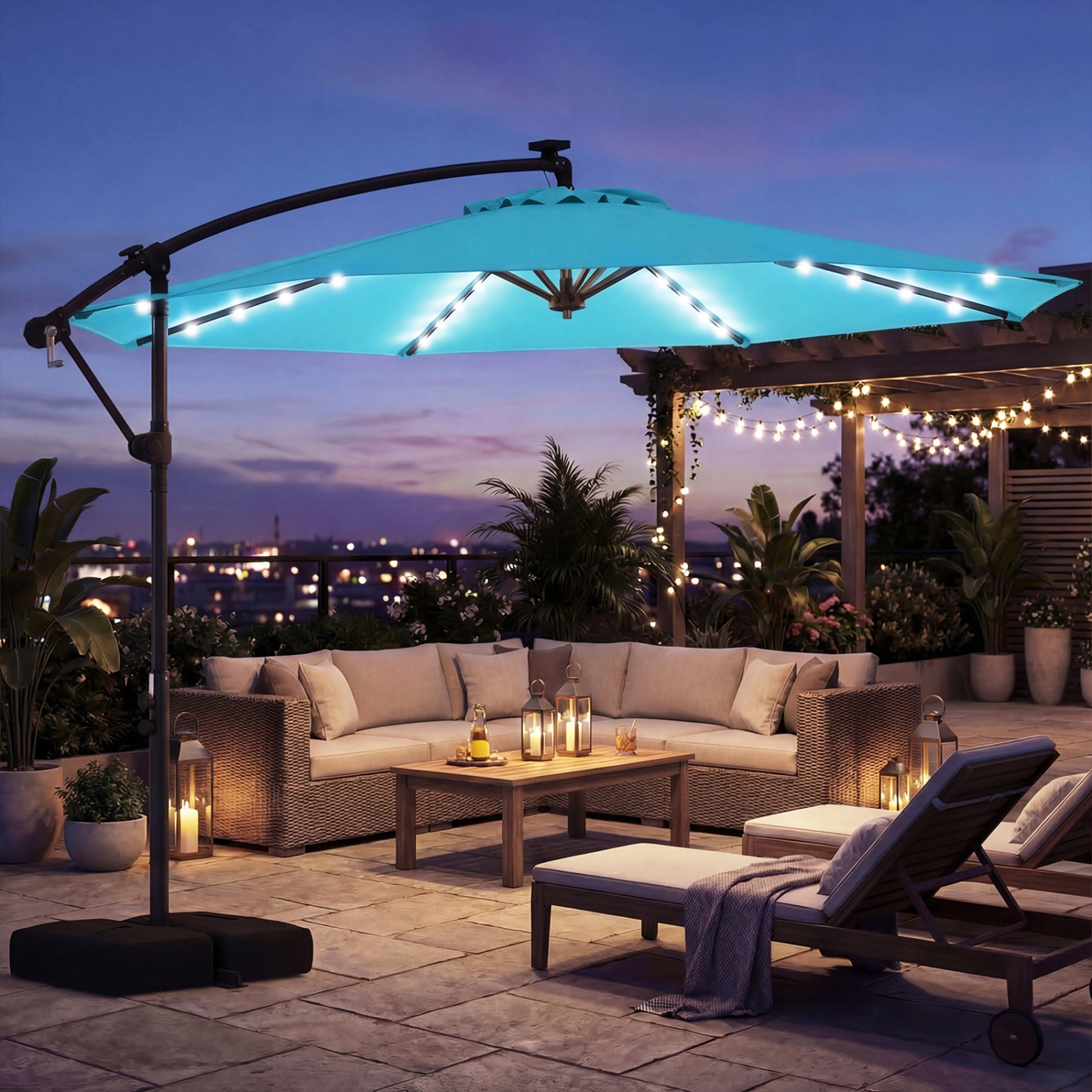 SUGIFT 10-ft Gray Solar LED Offset Cantilever Patio Umbrella with Weighted Cross Base 6.2-ft Rim Height
