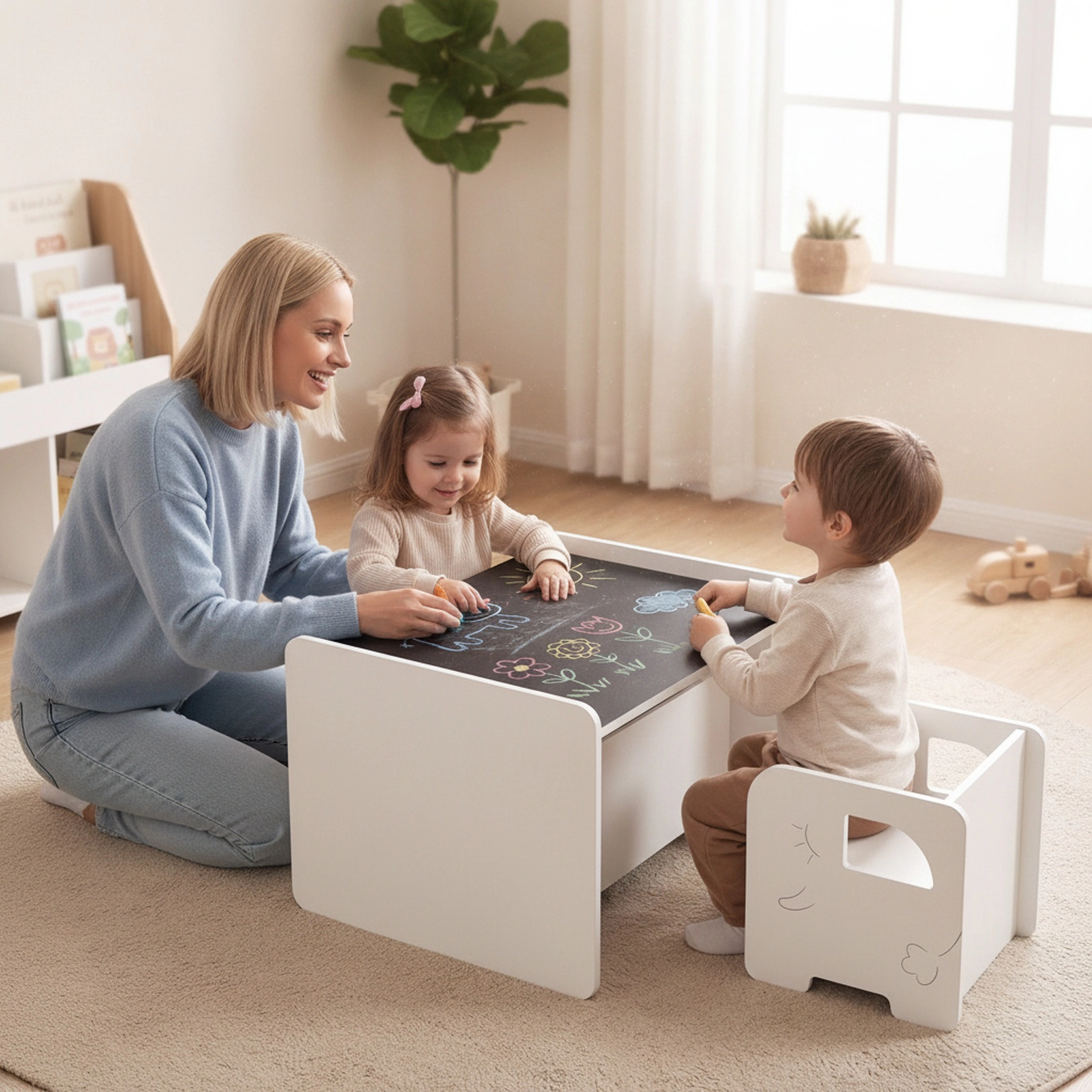 SUGIFT Kids Table and 2 Chairs, 3-Piece White Set with Chalkboard Top