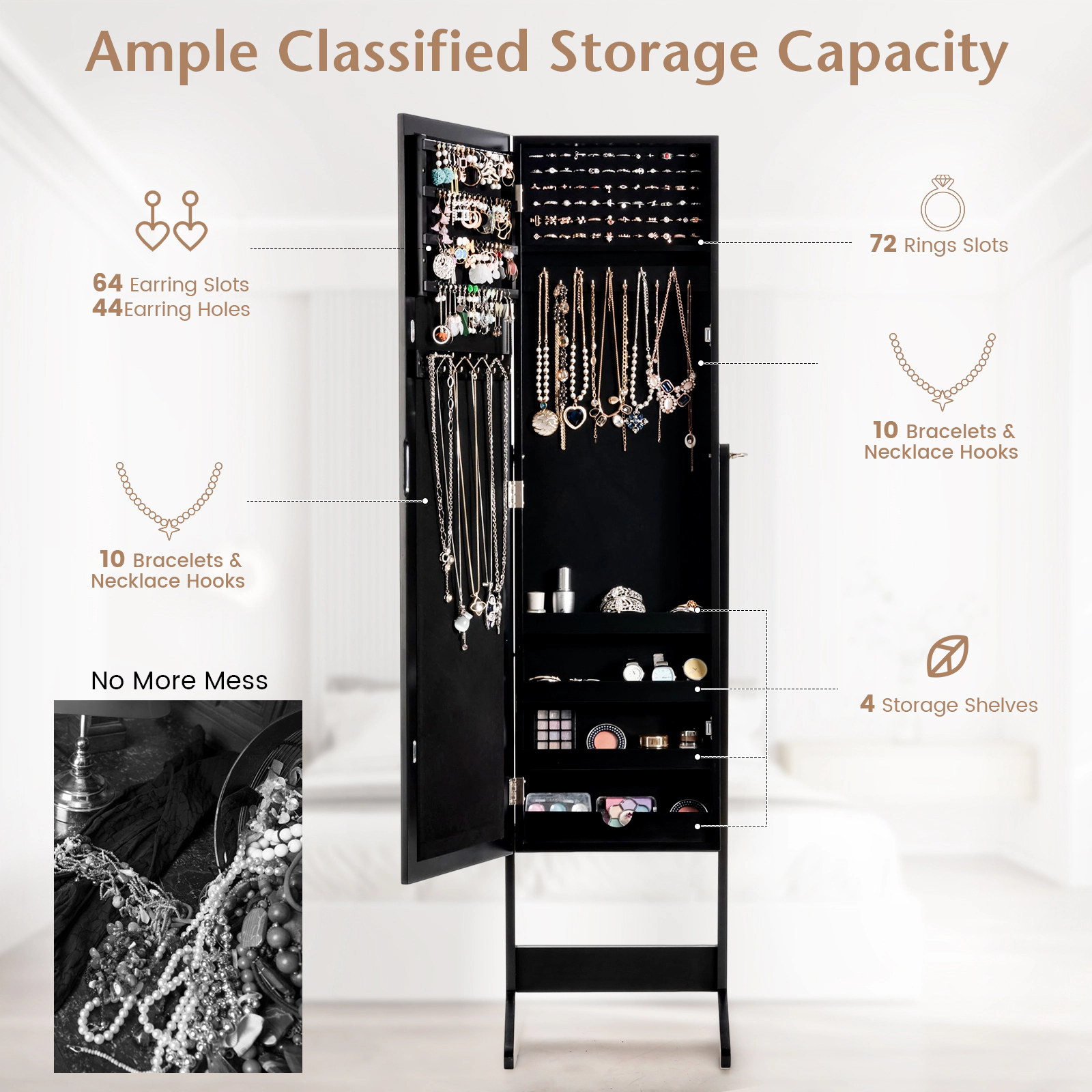 SUGIFT Mirrored Standing Jewelry Cabinet 56 Armoire with Full Length Glass Mirror