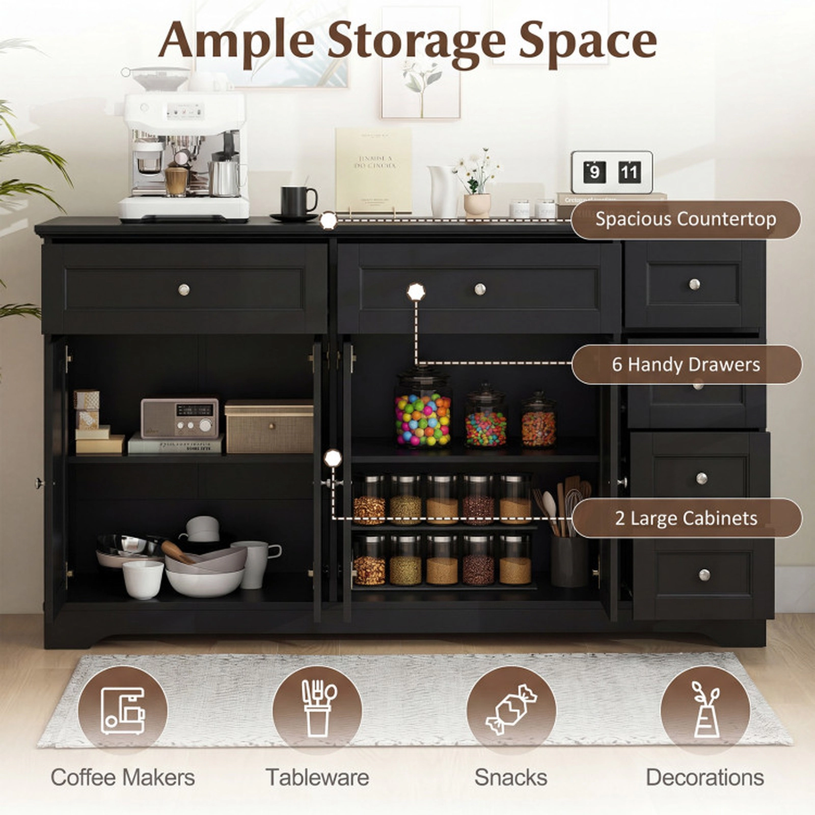 SUGIFT 6-Drawer 2 Cabinets Coffee Bar Station Buffet Sideboard 59-in x 16-in x 34-in 220-lb Capacity Black