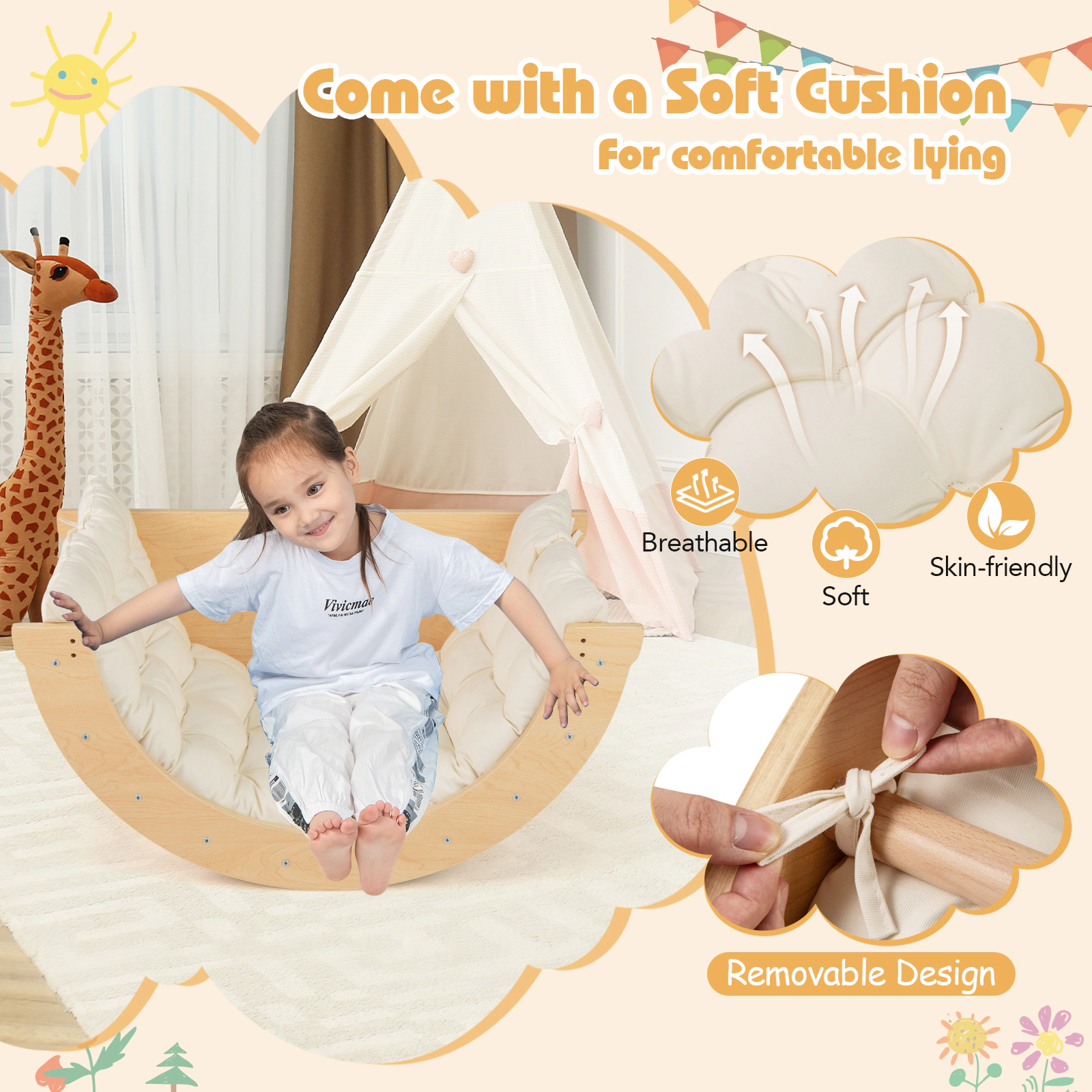 SUGIFT Beige Removable Cushion 31.5 Inch Kids Montessori Climbing Arch and Rocker