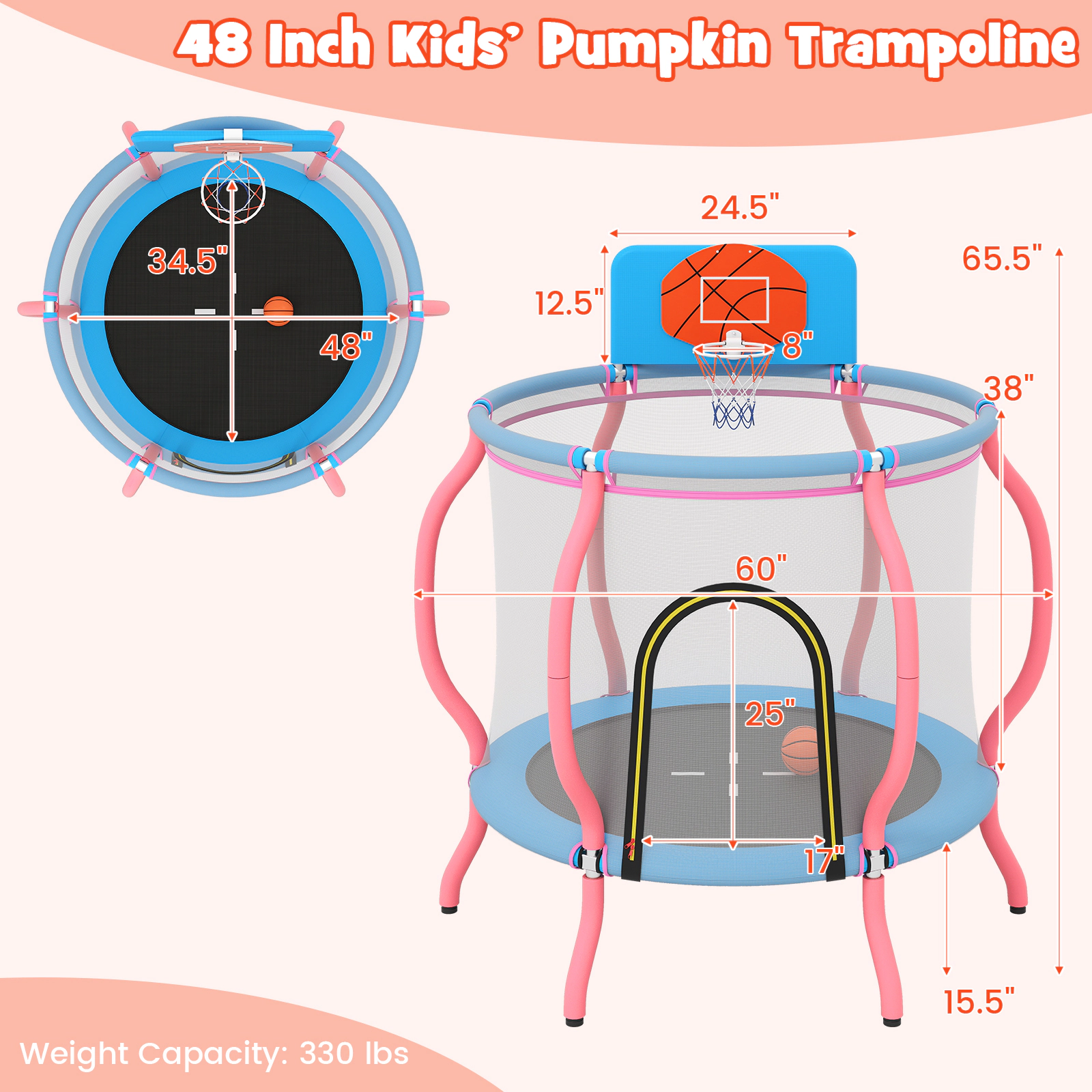 SUGIFT Indoor and Outdoor Pumpkin Kids Trampoline with Basketball Hoop 330-lb Capacity Ages 3-6 Pink and Light Blue
