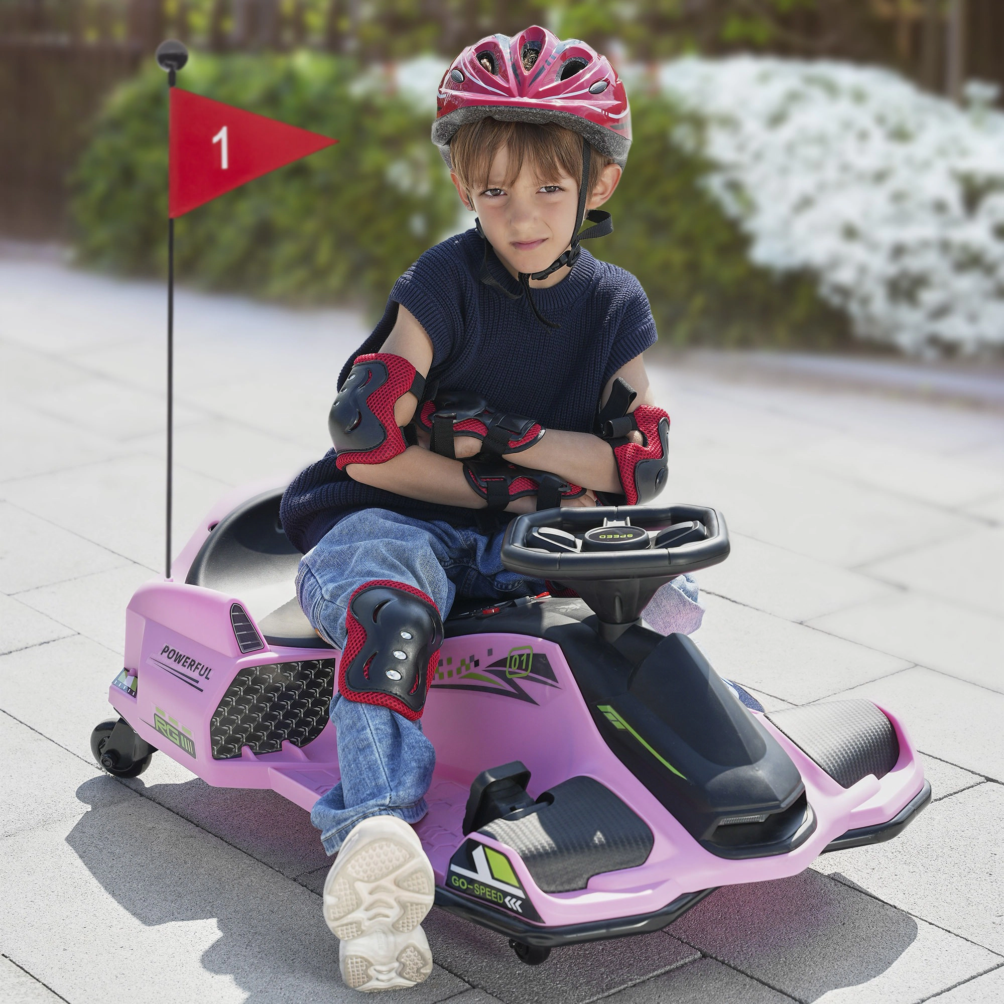 HONGGE Kids Electric Drift Go Kart 12V with Lights & Music, Adjustable Speed up to 5 MPH, Ages 8-12, Pink