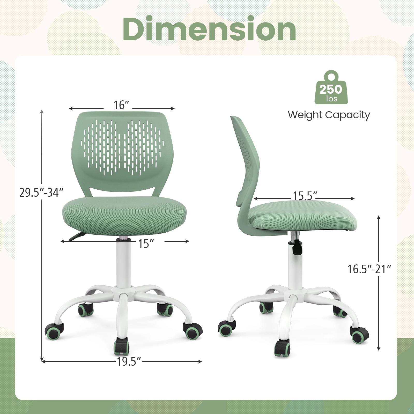 SUGIFT Ergonomic Mesh Children Study Chair with Adjustable Height 250-lb Capacity 16.5-21-in Seat 19.5-in Base Green