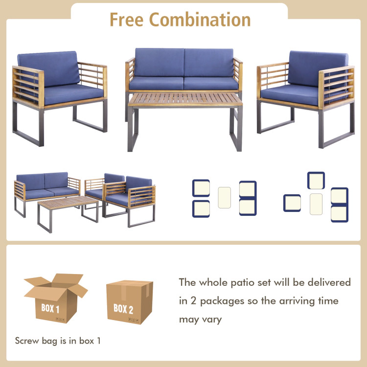 Hivvago 4 Piece Patio Acacia Wood Conversation Set With Soft Seat-Navy