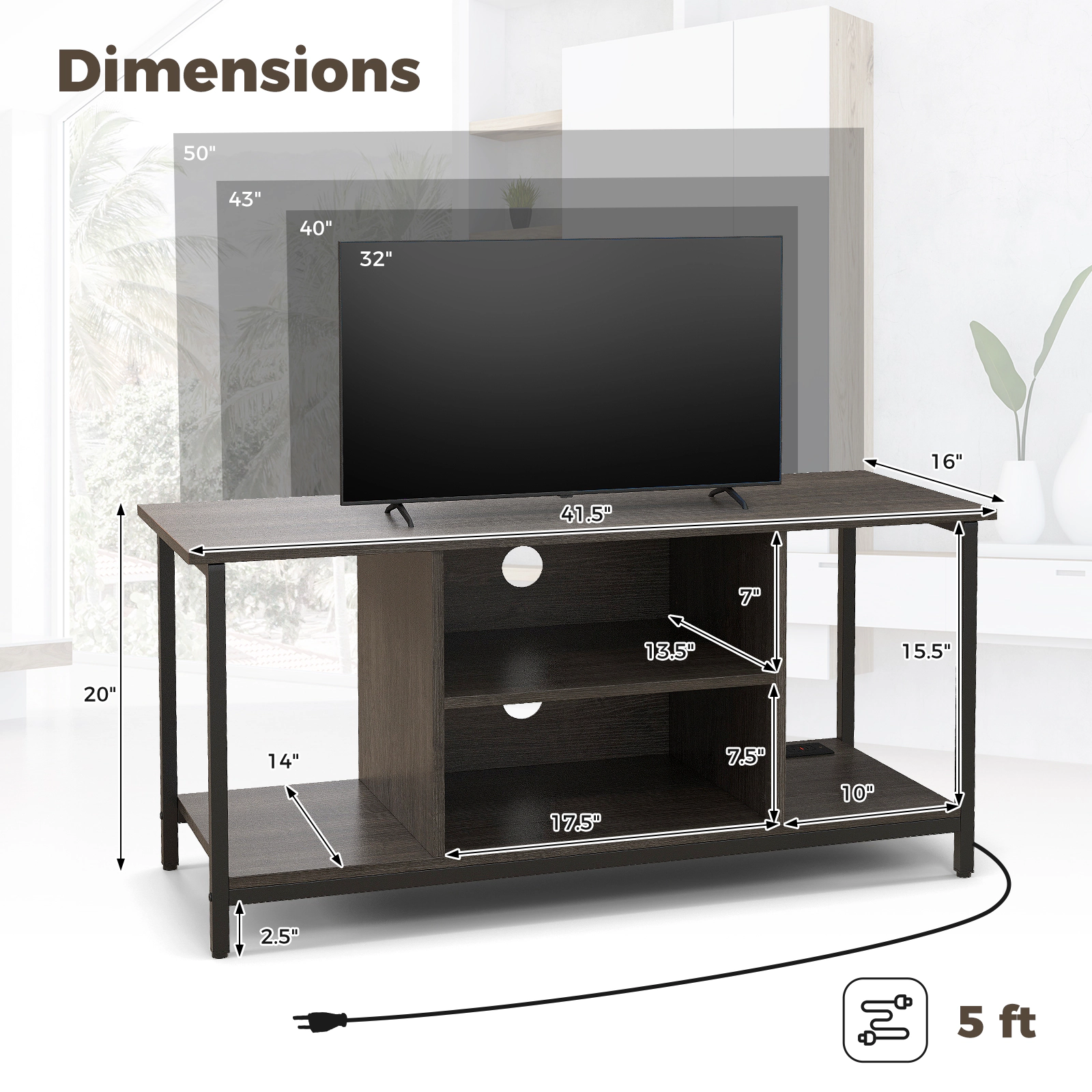 SUGIFT 3-Tier TV Stand with Power Outlet USB-A USB-C and Adjustable Shelf 165-lb Tabletop Capacity Gray