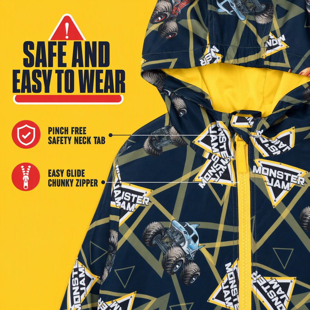 Monster Jam Boys' Zip-Up Hooded Windbreaker Jacket