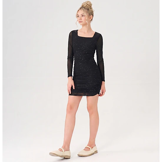 2Bunnies Girls' Tween Teen 8Y-14Y Glitter Shimmer Mesh Long Sleeve Ruched Bodycon Party Dress