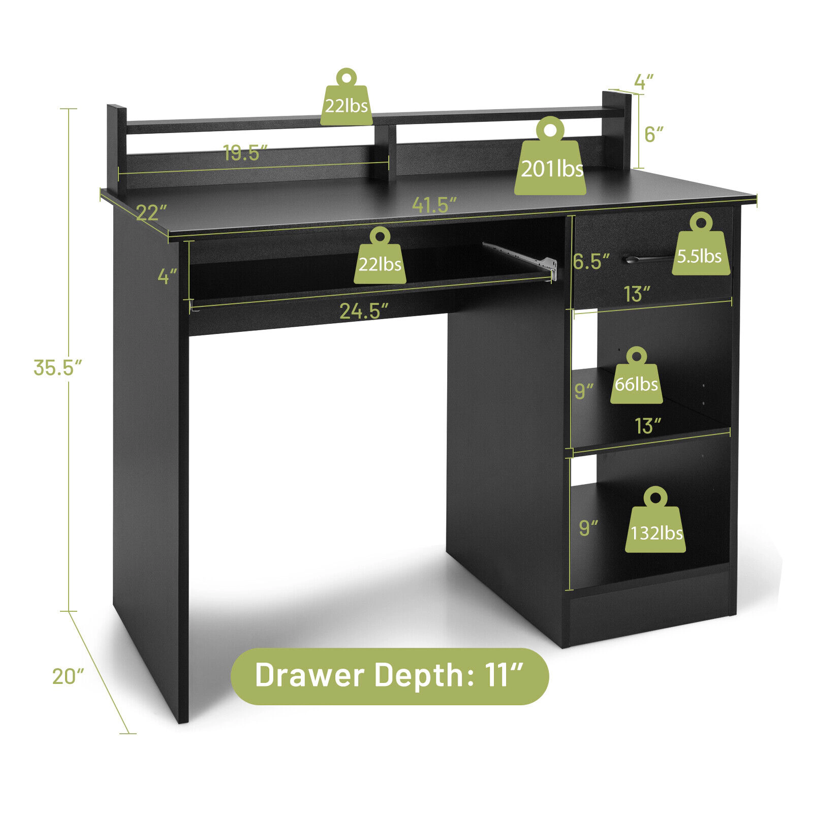 SUGIFT Black Deep Drawer Keyboard Tray and Adjustable Shelf 41.5 Inch Study Laptop Desk