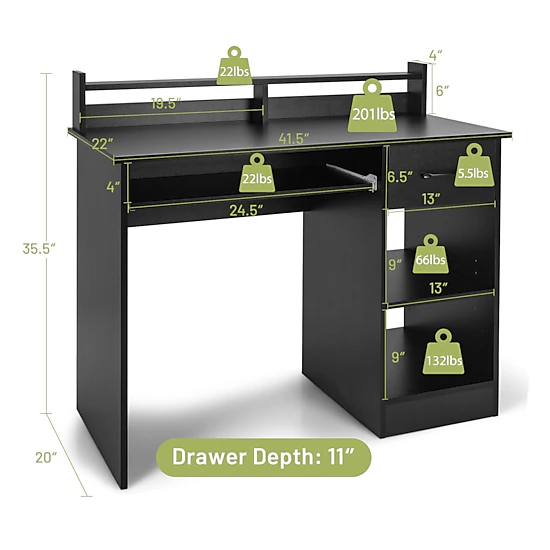 SUGIFT Black Deep Drawer Keyboard Tray and Adjustable Shelf 41.5 Inch ...
