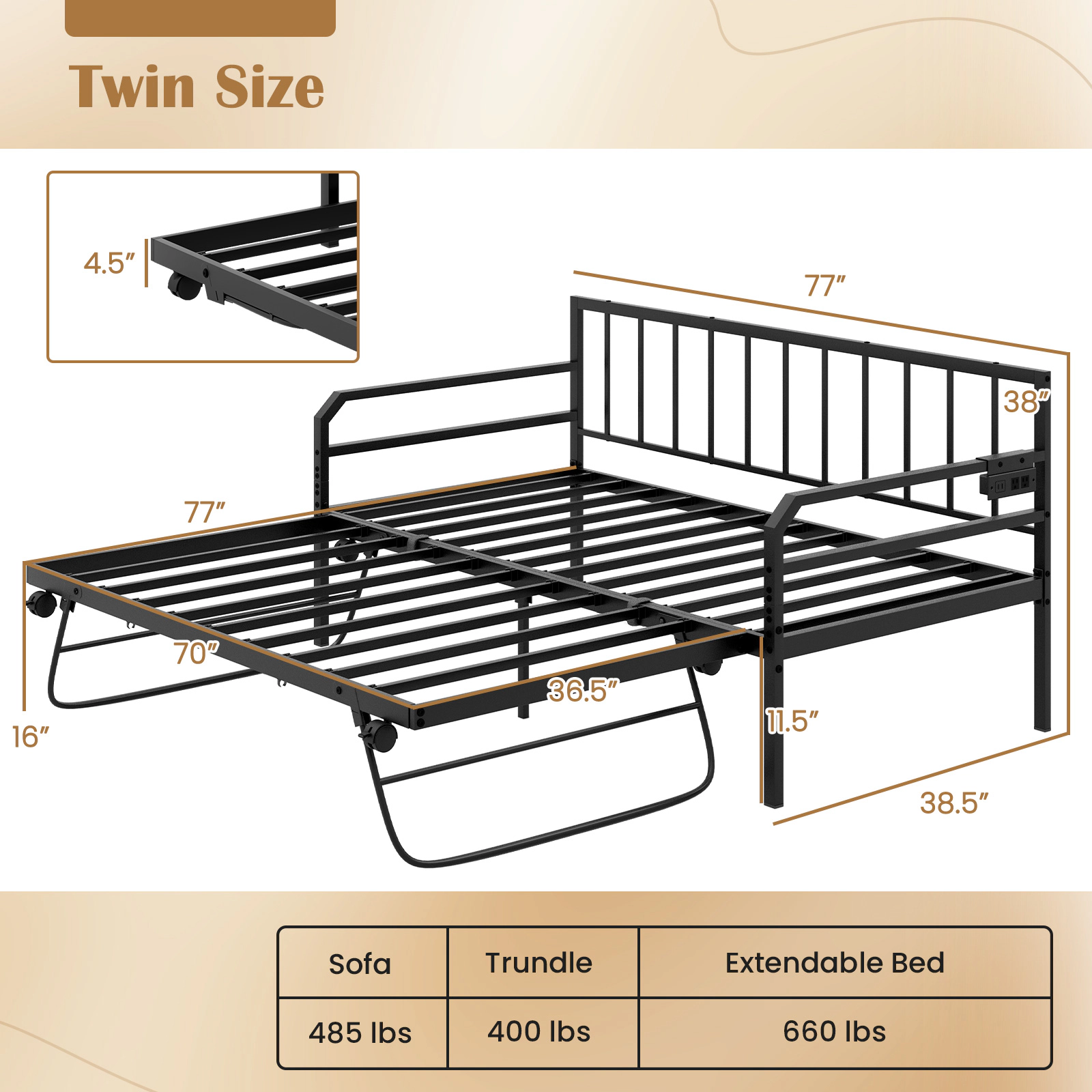SUGIFT Adjustable Metal Twin Daybed Black with Pop Up Trundle Charging Station and LED
