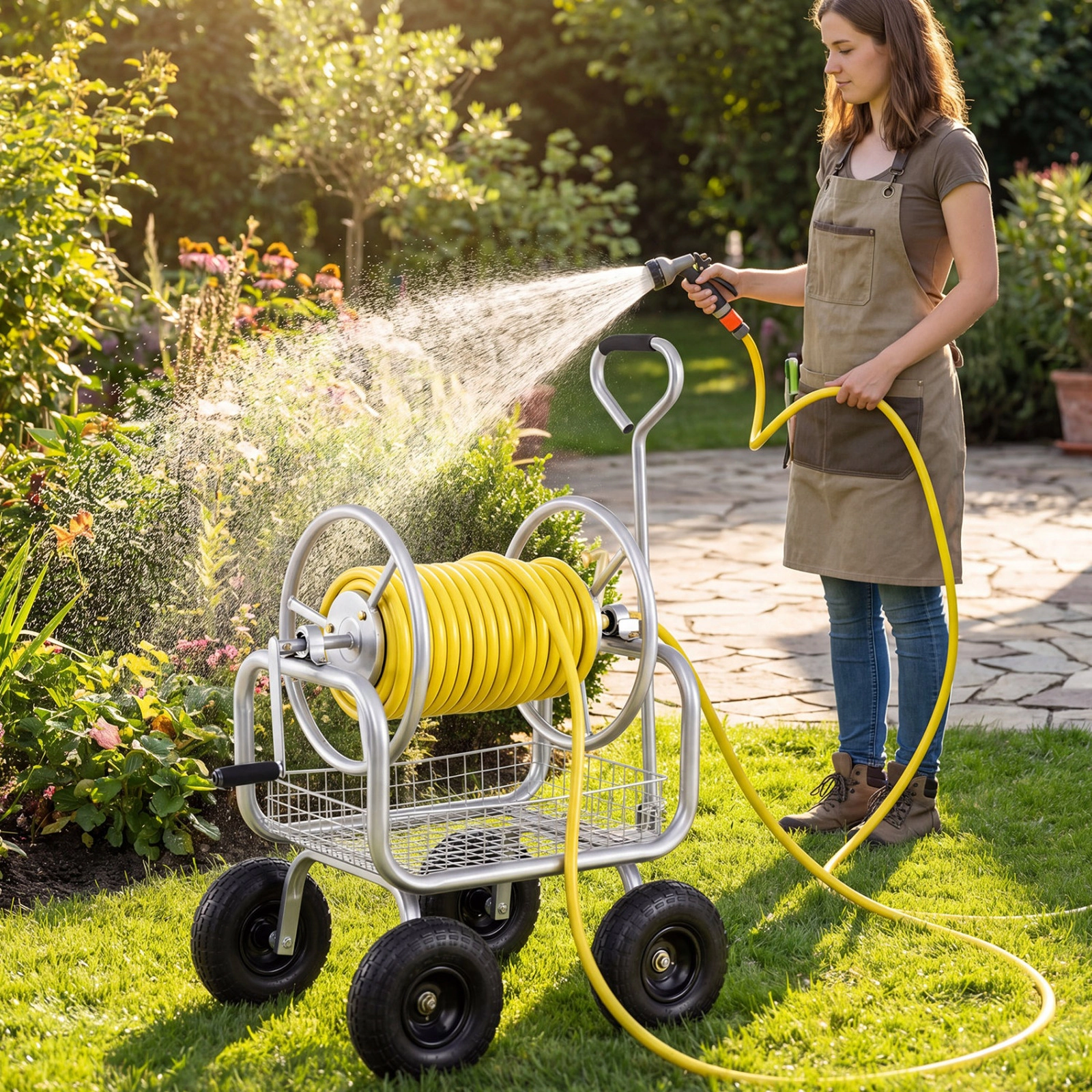 SUGIFT Green Garden Hose Reel Cart with Air-Filled Tires and Storage Basket 25-in W 21.5-in D 43-in H