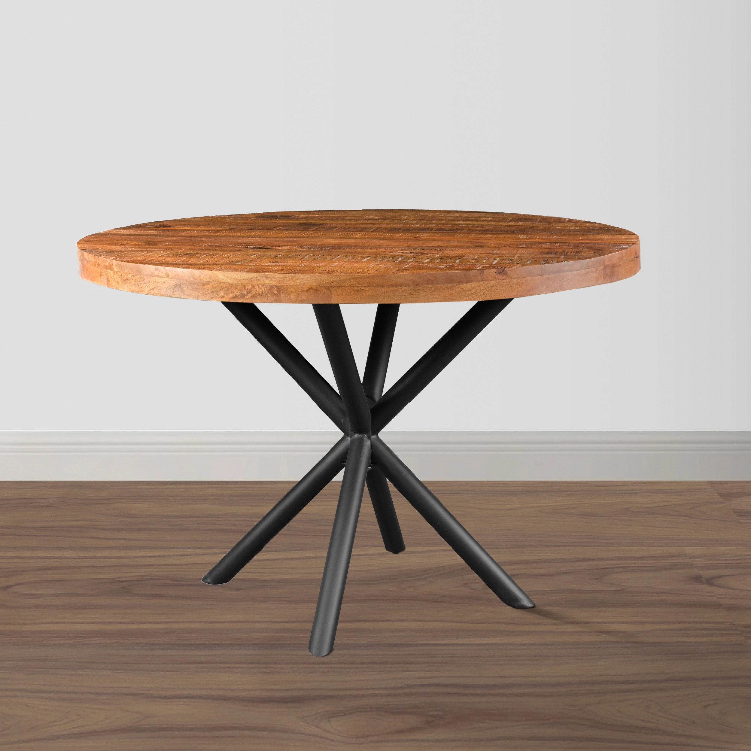 The Urban Port 48 Inch Handcrafted Dining Table, Solid Mango Wood Round Top with Iron Crisscrossed Legs, Brown and Black