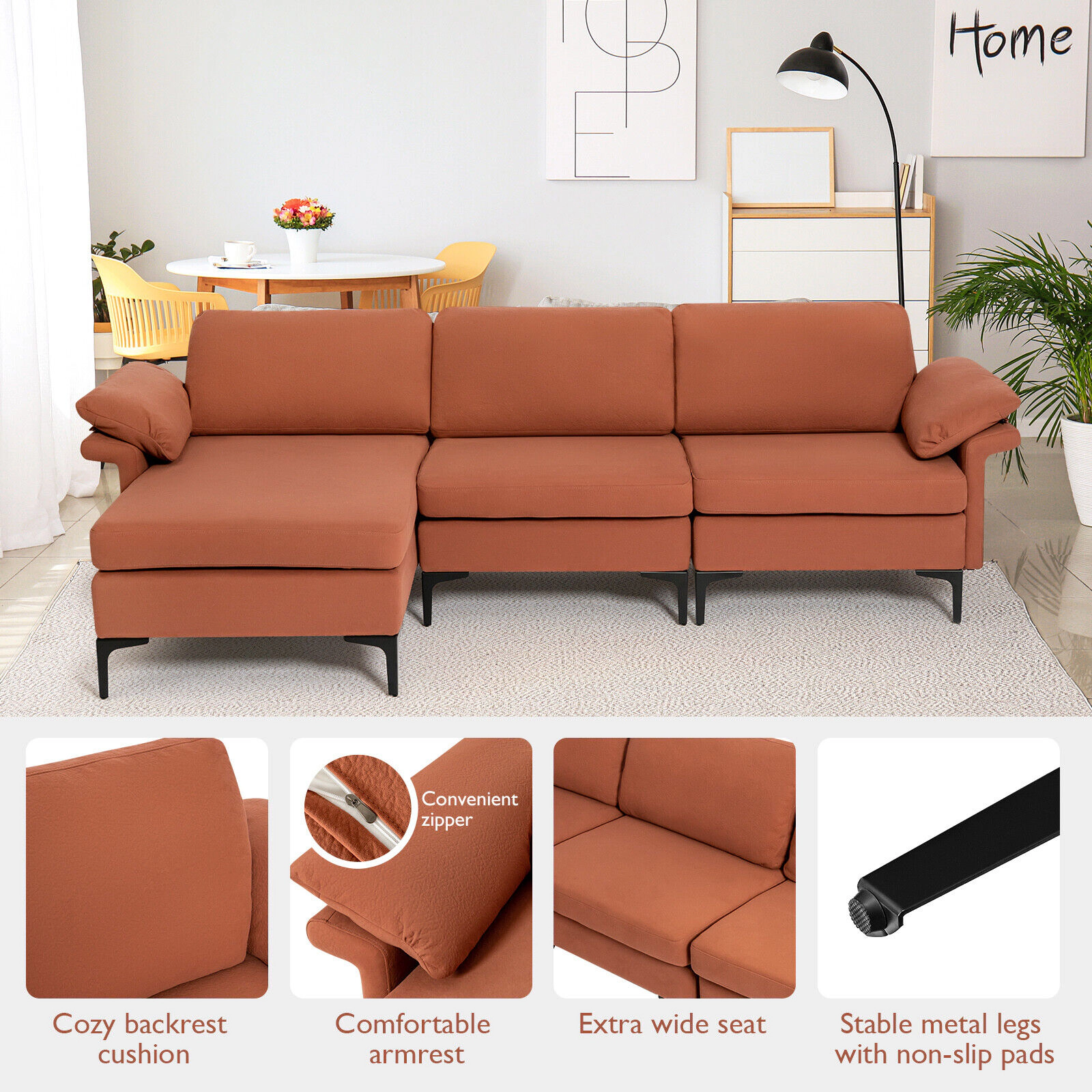 SUGIFT Rust Red 100.5-Inch L-Shaped Sectional Sofa with Reversible Chaise, Storage and USB Power Strip