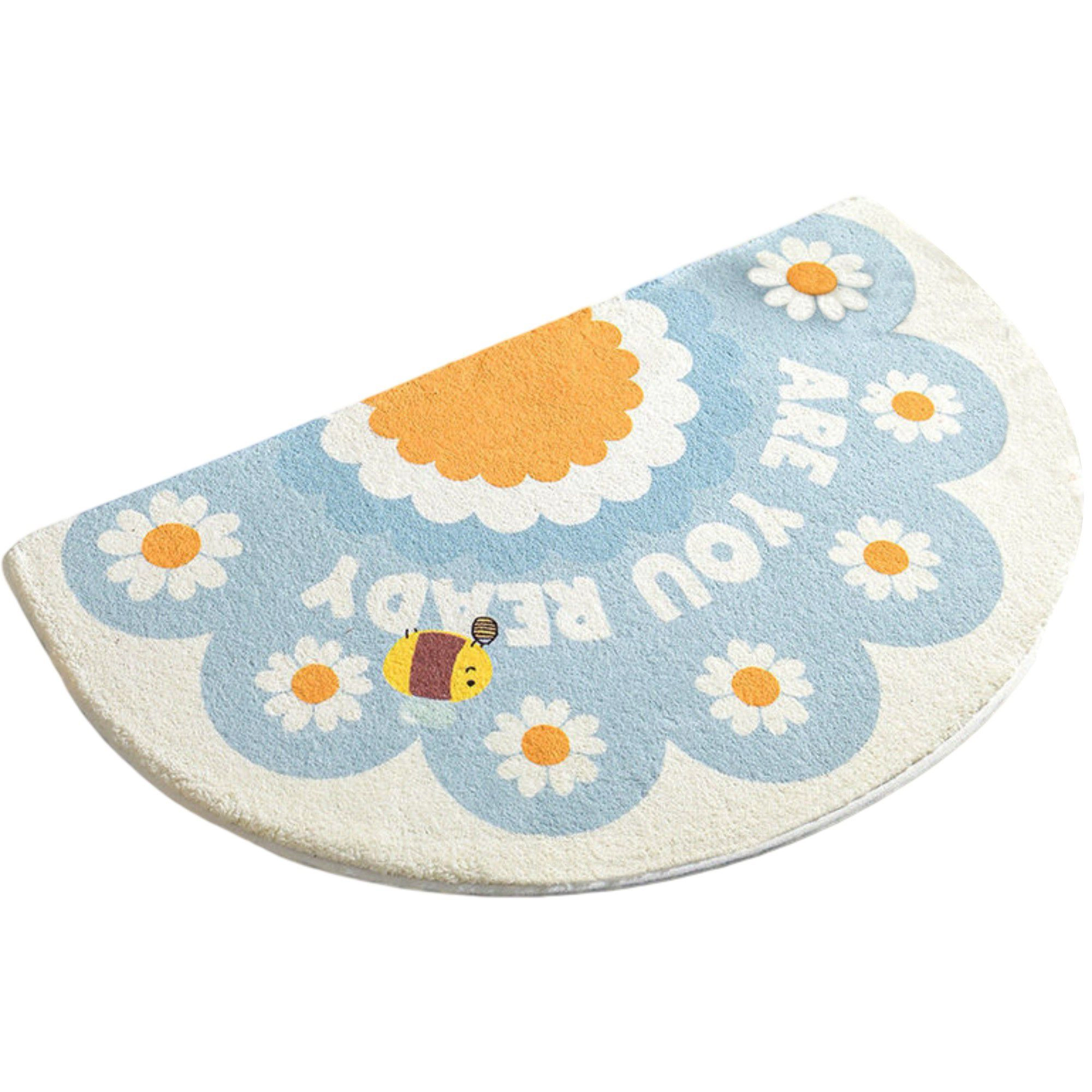 Alilang Unisex Plush Absorbent Half Moon Bathroom Floor Mat with Daisy Graphic and Text Detail Soft Bath Rug for Tub