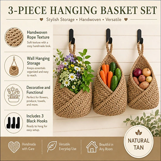 Alilang Unisex Woven Cotton Rope Hanging Basket Set Wall Storage Organizer with Hooks