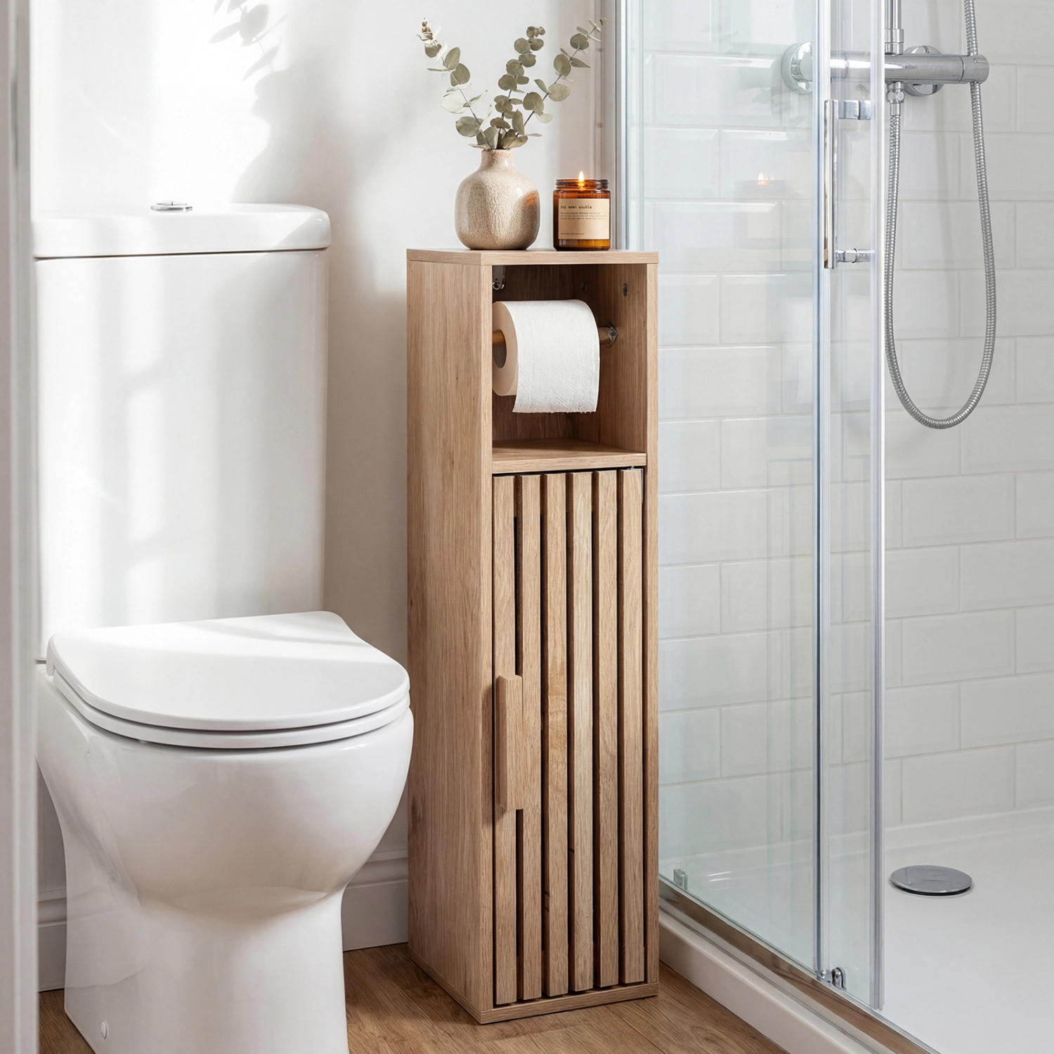 Glintex Slim Toilet Paper Holder Stand with Hidden 2-Tier Cabinet and Slat Door, Natural