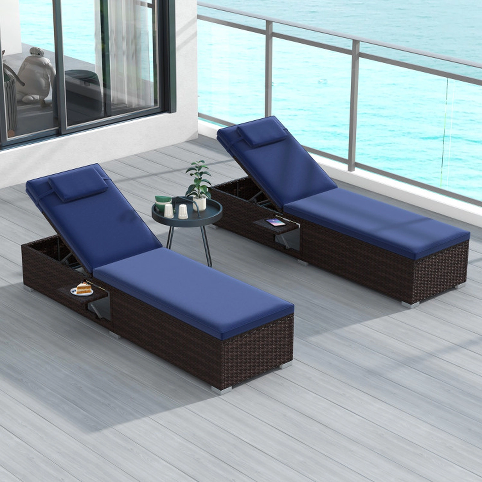 SUGIFT PE Rattan Chaise Lounge with 6-Level Adjustable Backrest 400-lb Capacity 75-in Cushion and Headrest Navy Mix