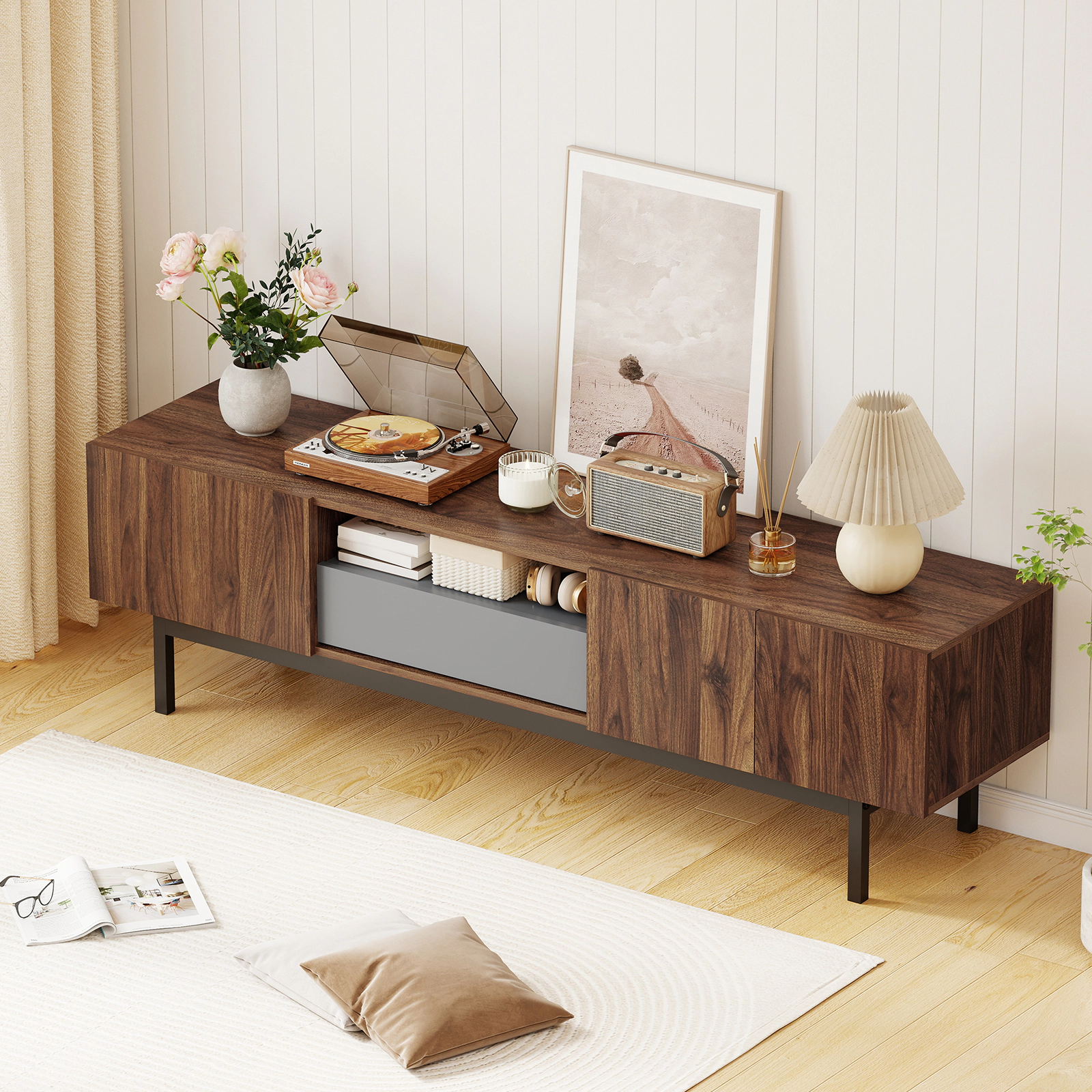 Glintex 71-Inch Mid-Century TV Cabinet with 3 Storage Zones and Drawer, Walnut & Grey