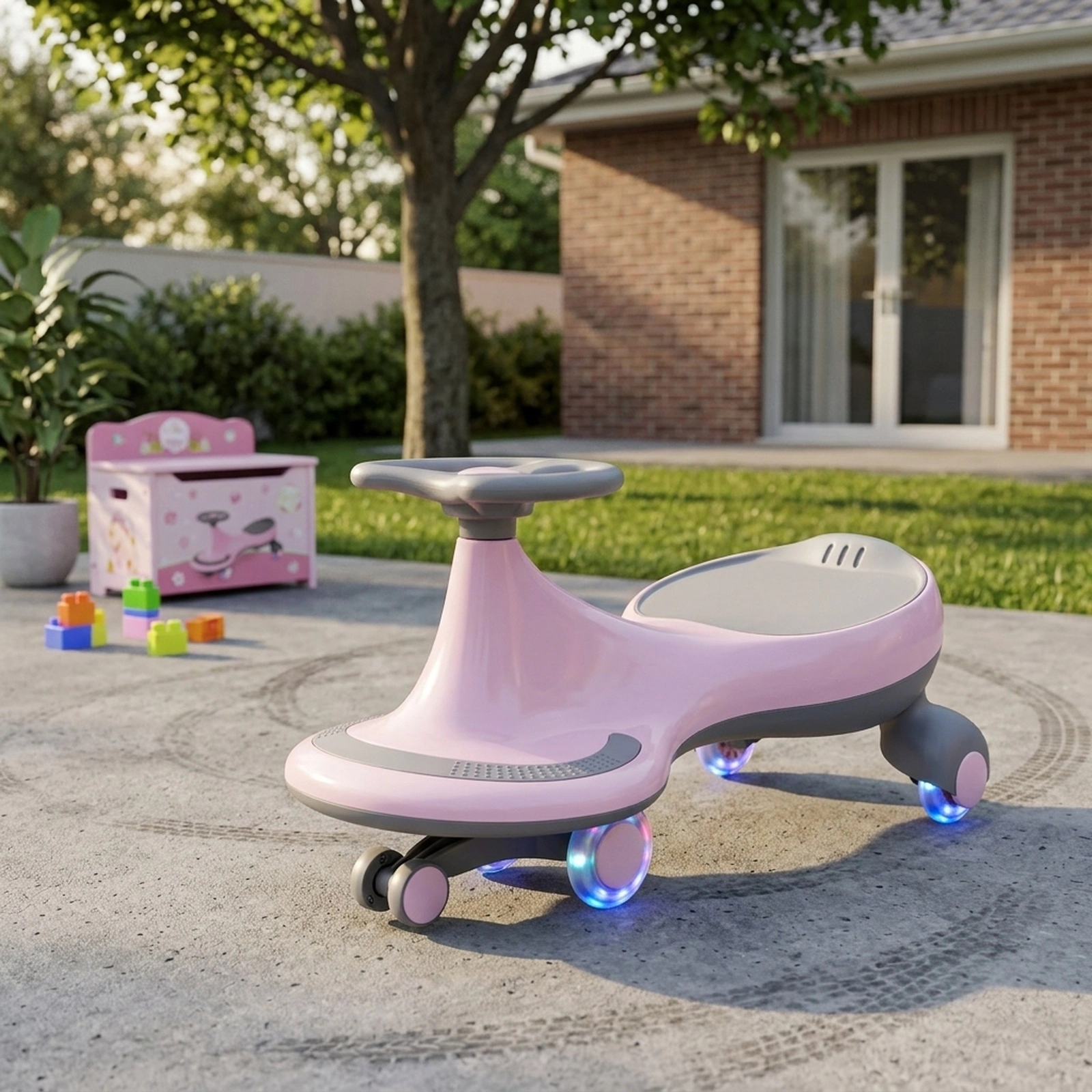 Wiggle Car Kids PU Flashing Wheels Seamless Body 27-in Twist Ride On No Pedals Ages 2+ 110-lb Capacity Pink