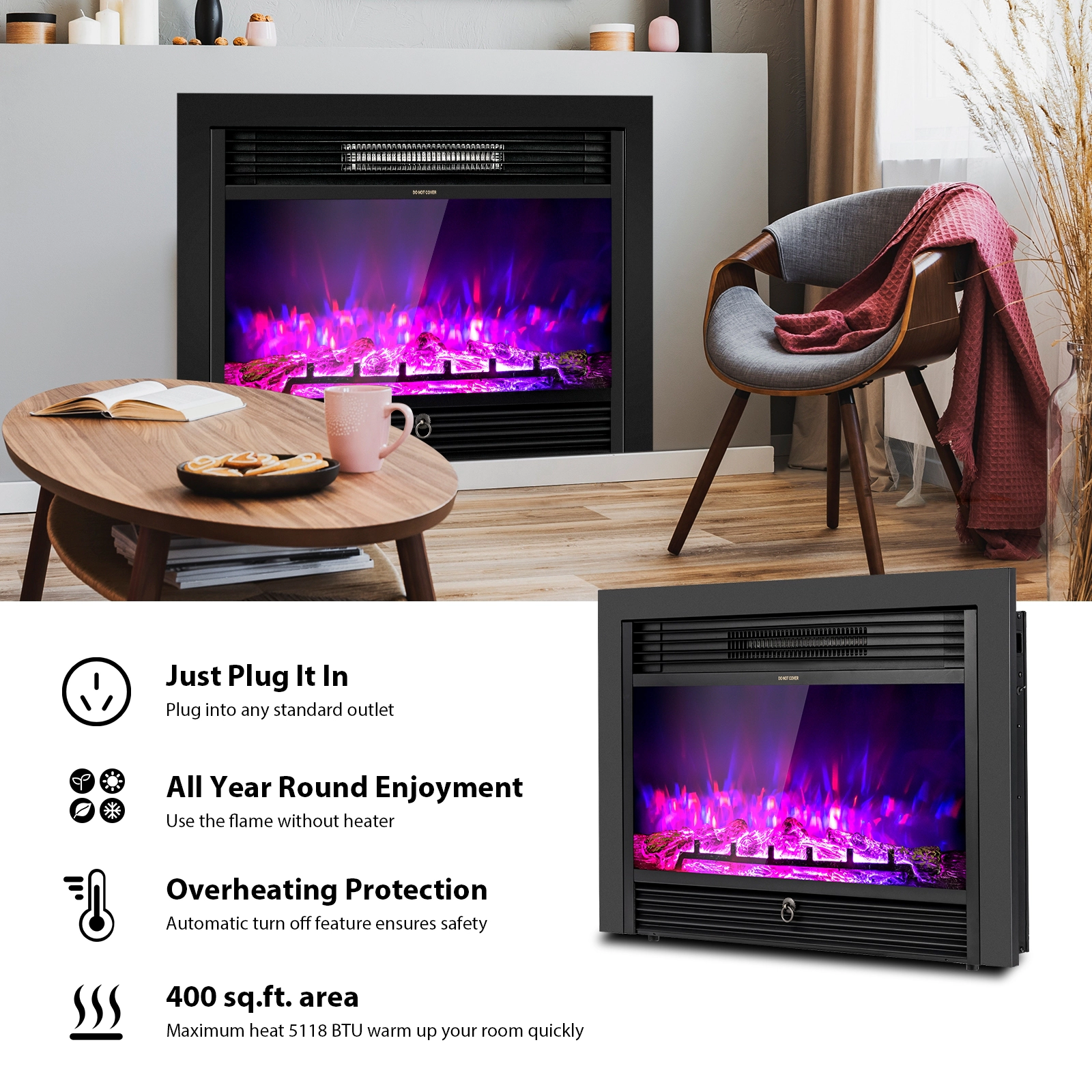 SlickBlue Wall Mounted Electric Fireplace with Remote Control