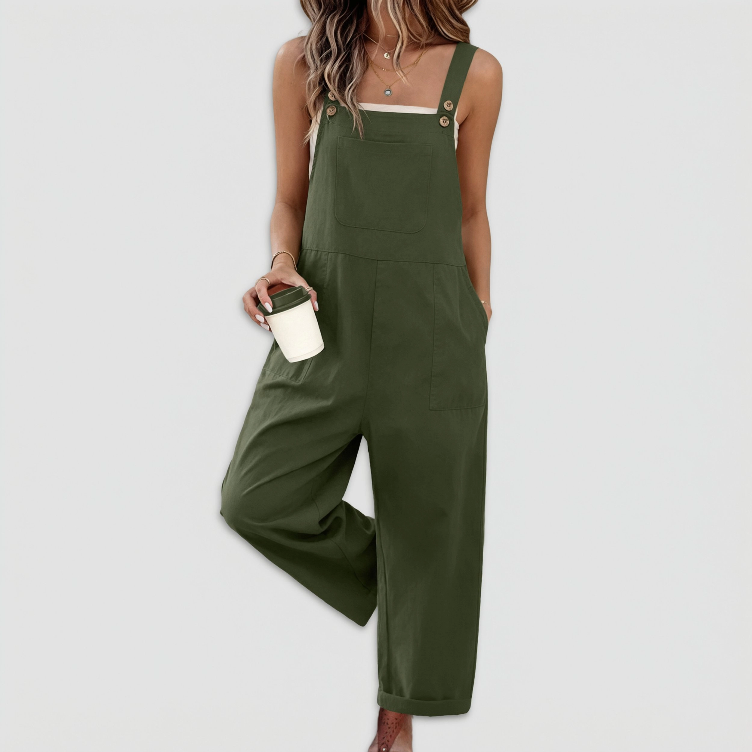 Ekouaer Women's Button Strap Wide Leg Overall Jumpsuit with Pockets