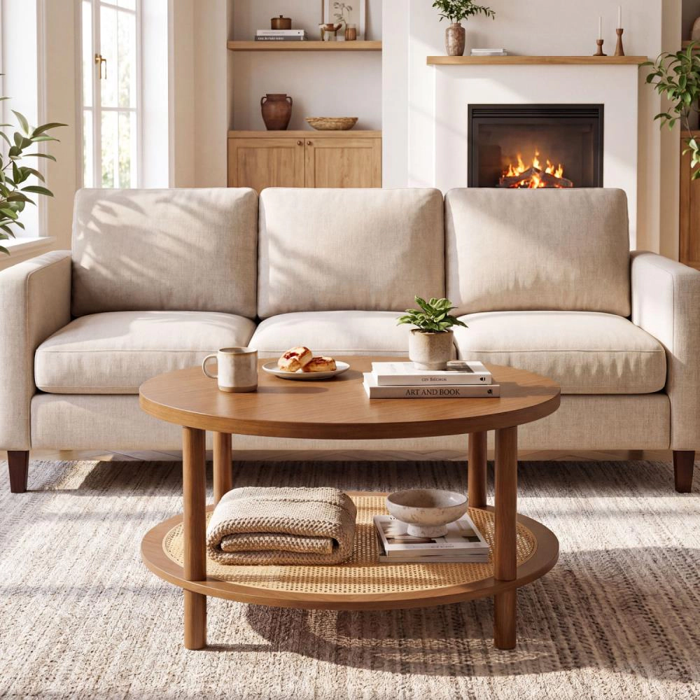 Hivvago 2-Tier Boho Round Rattan Coffee Table With Storage Shelf