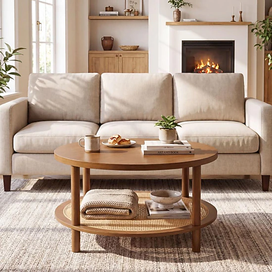 Hivvago 2-Tier Boho Round Rattan Coffee Table With Storage Shelf