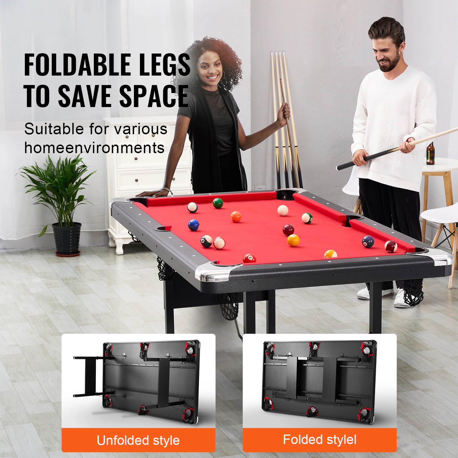 HONGGE Pool Table Portable Billiards Foldable Space-Saving Game Set Includes Brush with Cloth for Family Room